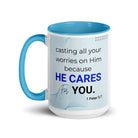 1 Peter 5:7 Bible Verse, casting all your worries on Him White Ceramic Mug with Color Inside
