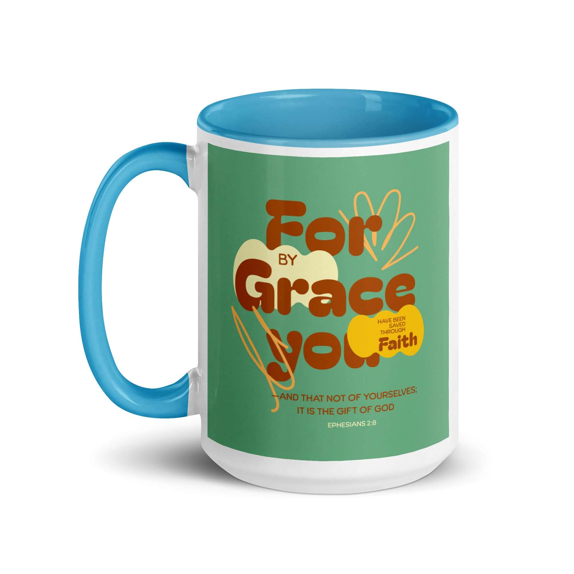 Ephesians 2:8 Bible Verse, for by grace White Ceramic Mug with Color Inside