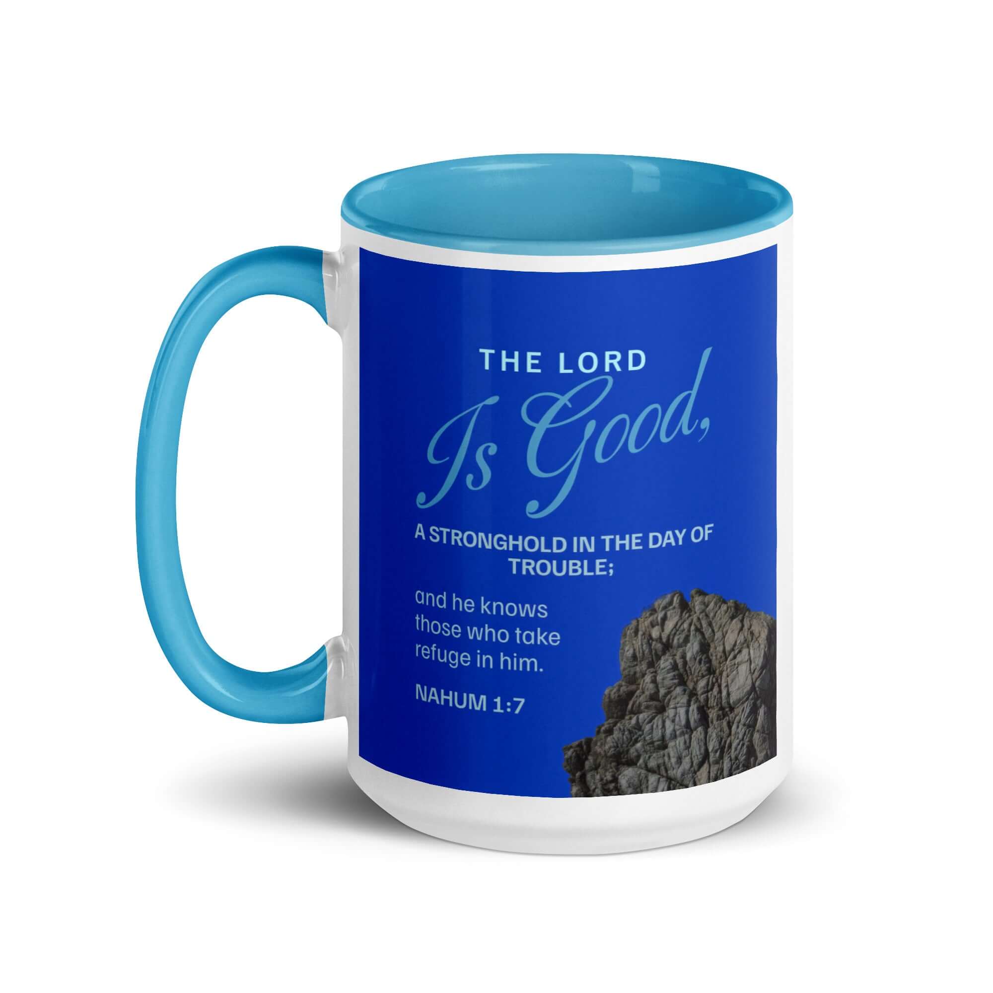 Nahum 1:7 Bible Verse, The LORD is a stronghold White Ceramic Mug with Color Inside