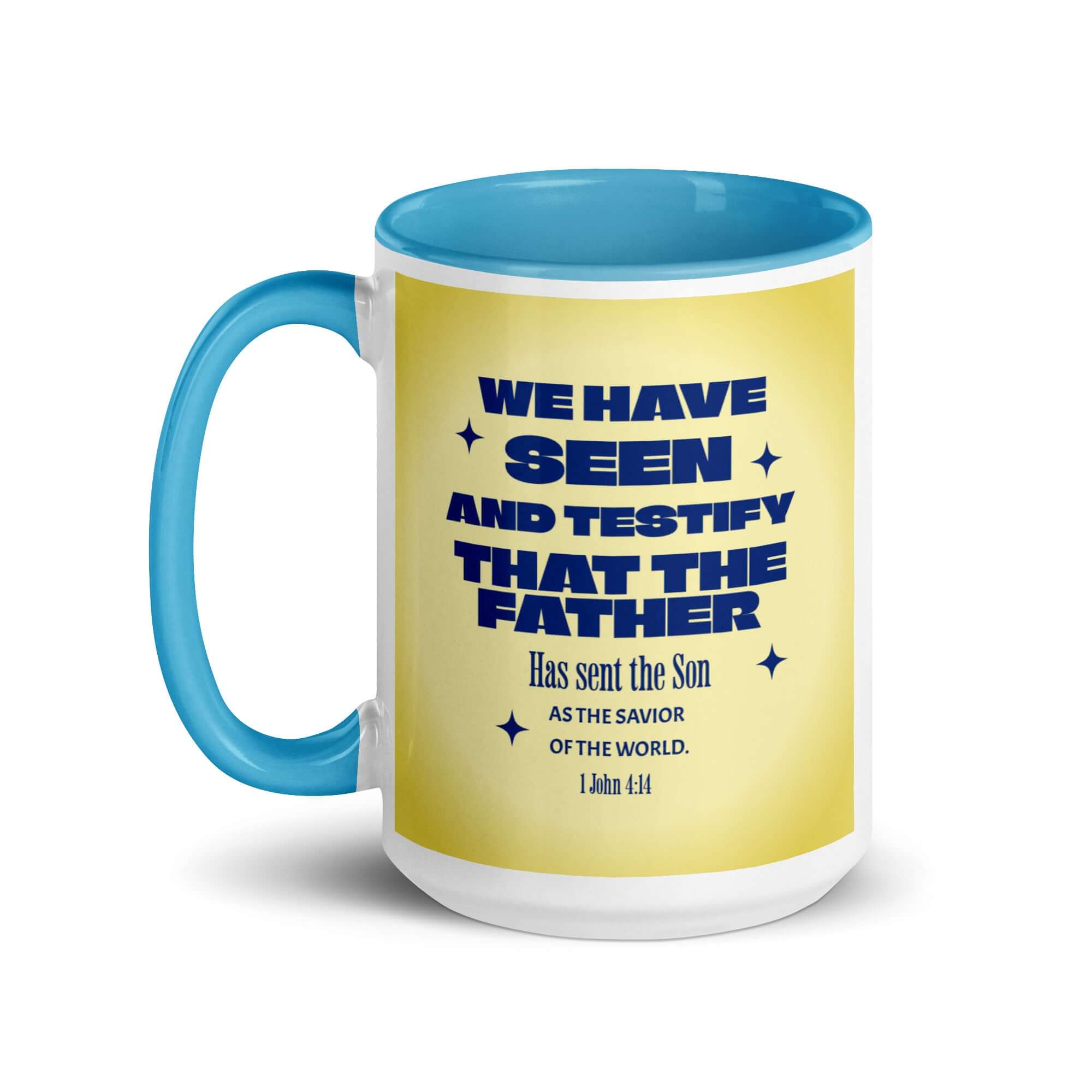 1 John 4:14 Bible Verse, Savior of the world White Ceramic Mug with Color Inside