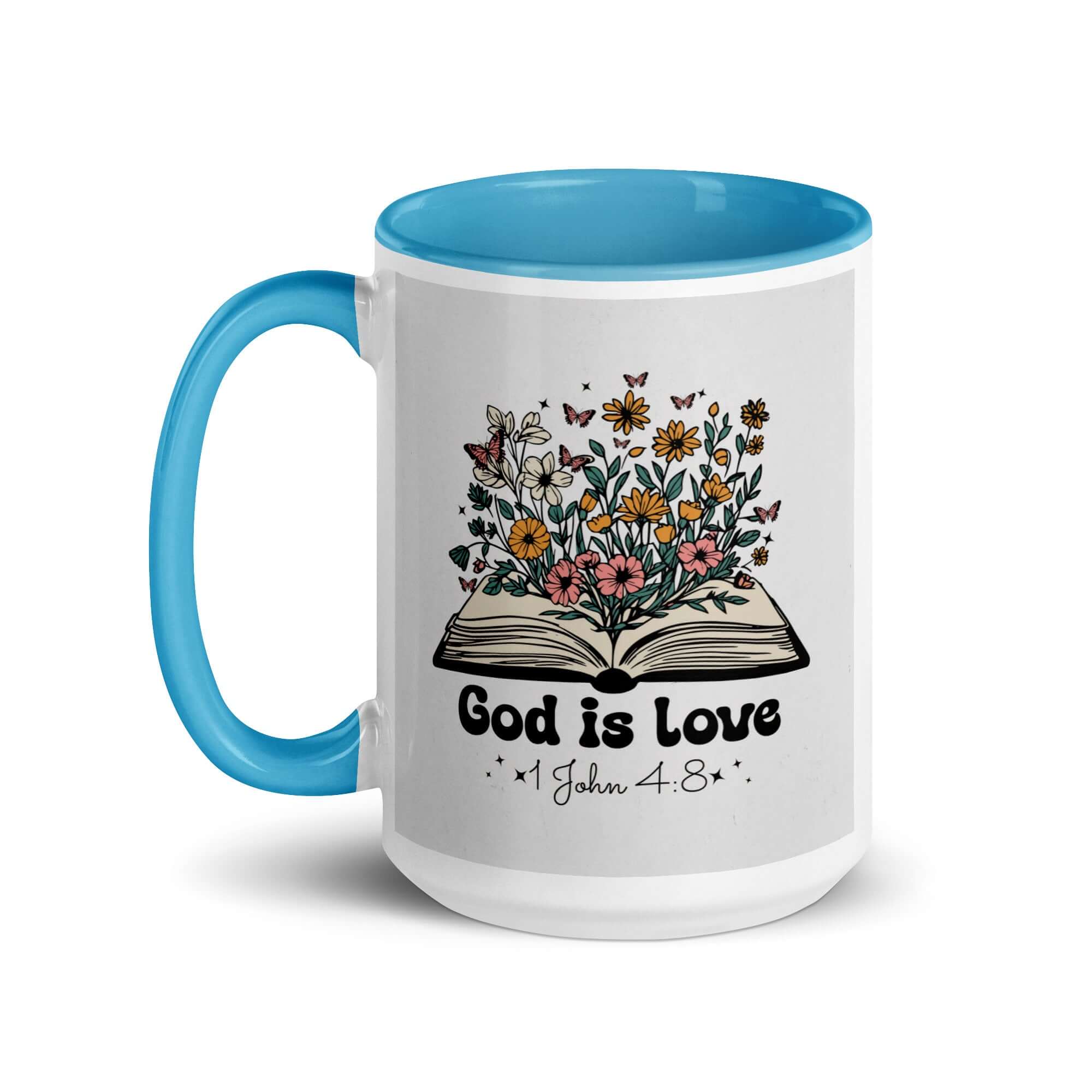 1 John 4:8 Bible Verse, God is Love White Ceramic Mug with Color Inside