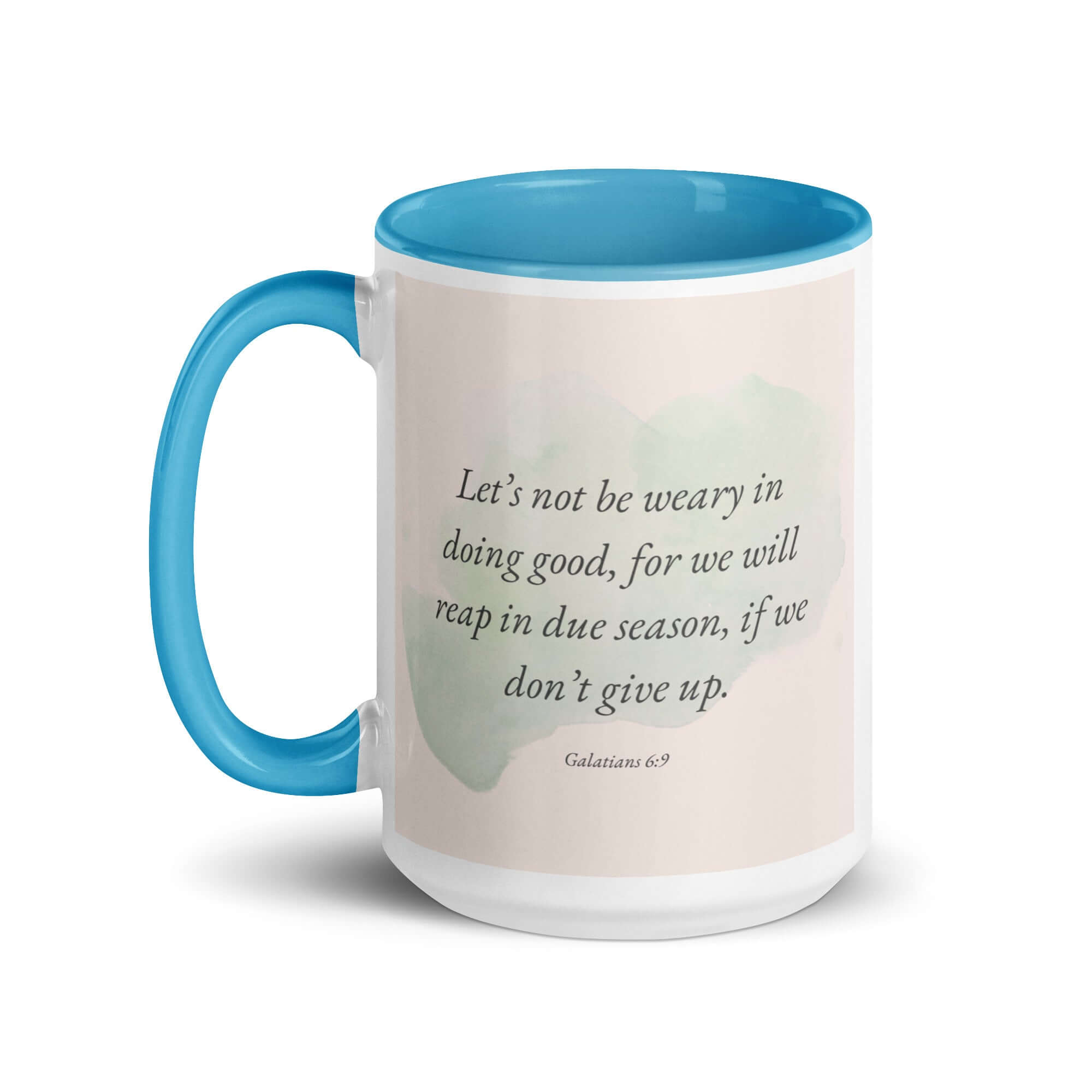 Galatians 6:9 Bible Verse, not be weary White Ceramic Mug with Color Inside