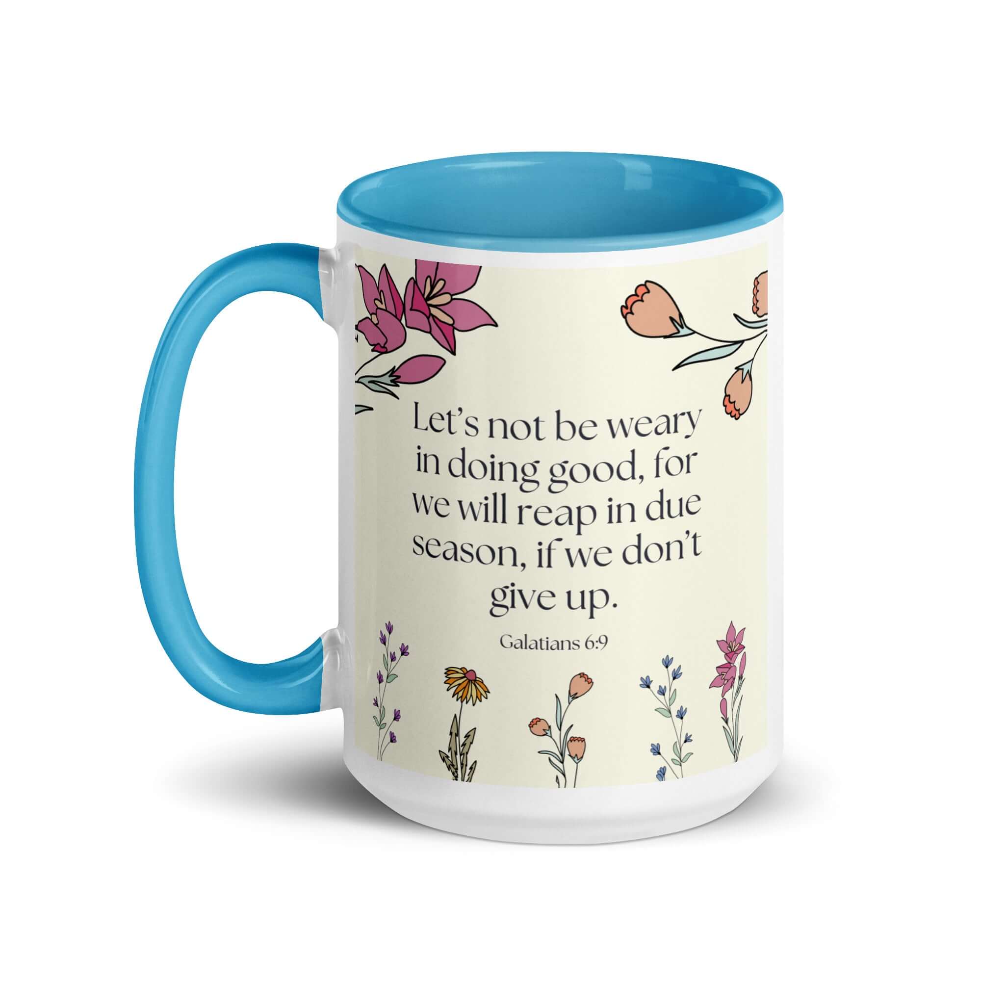 Galatians 6:9 Bible Verse, in doing good White Ceramic Mug with Color Inside