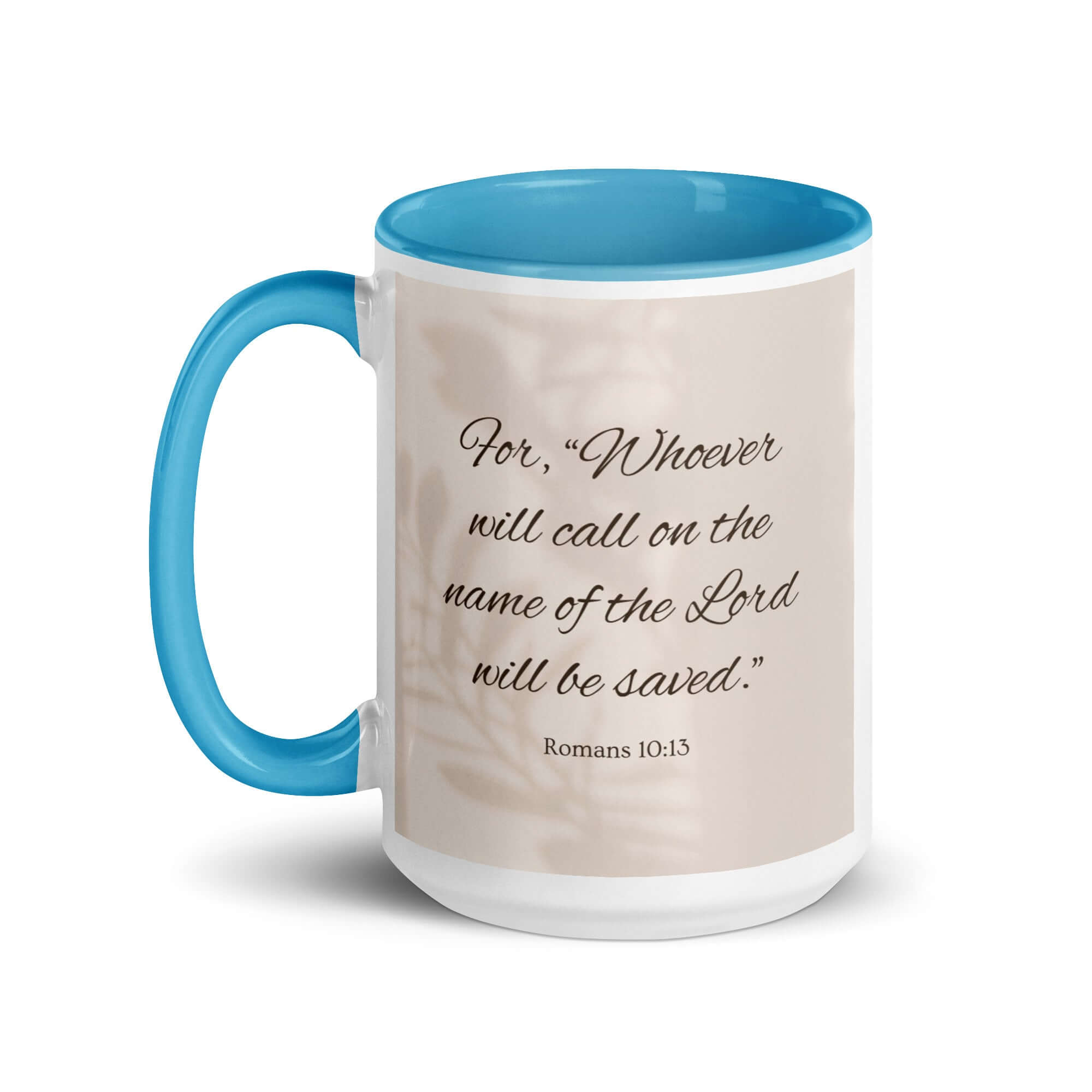 Romans 10:13 Bible Verse, Whoever White Ceramic Mug with Color Inside
