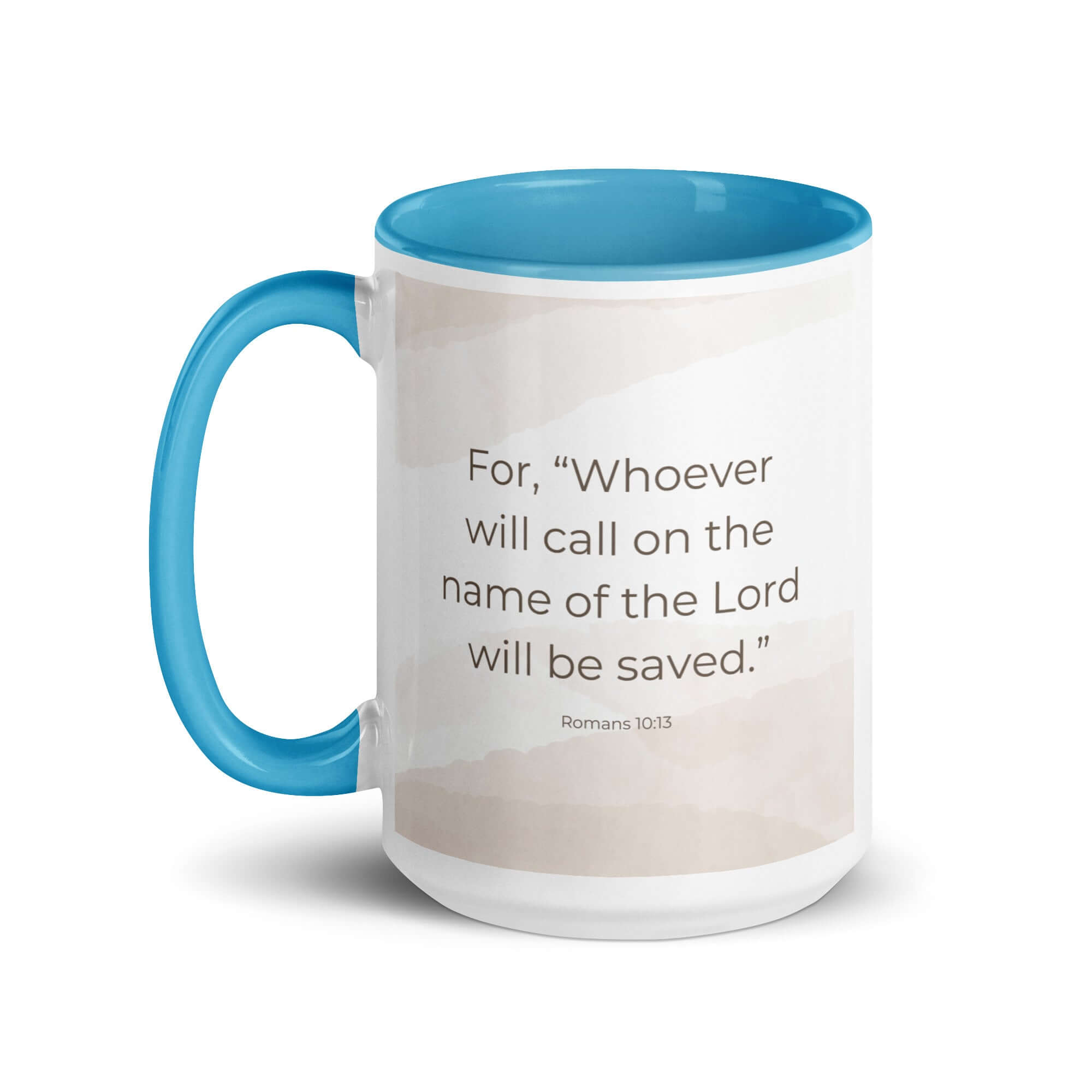 Romans 10:13 Bible Verse, the name White Ceramic Mug with Color Inside