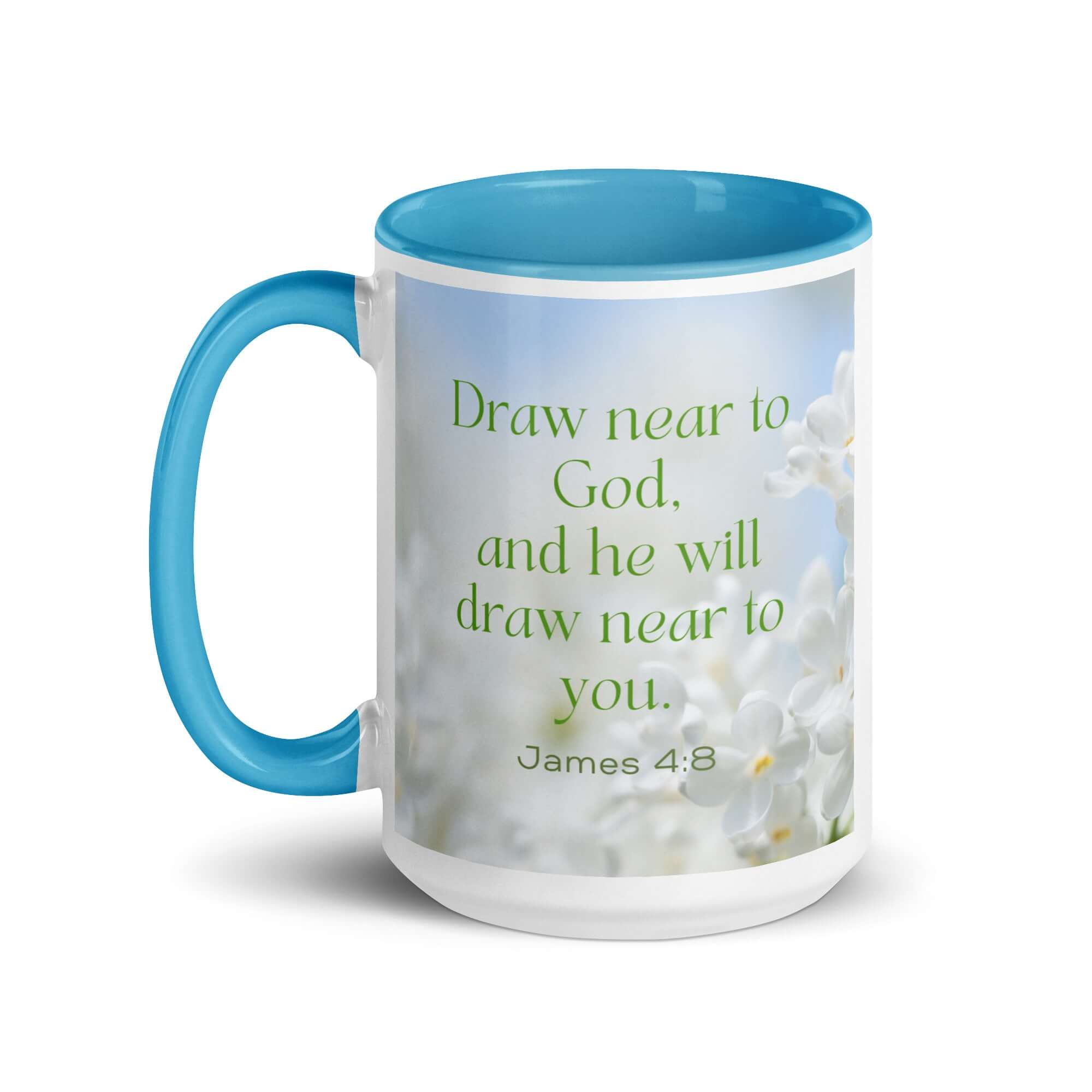 James 4:8 Bible Verse, Draw near White Ceramic Mug with Color Inside