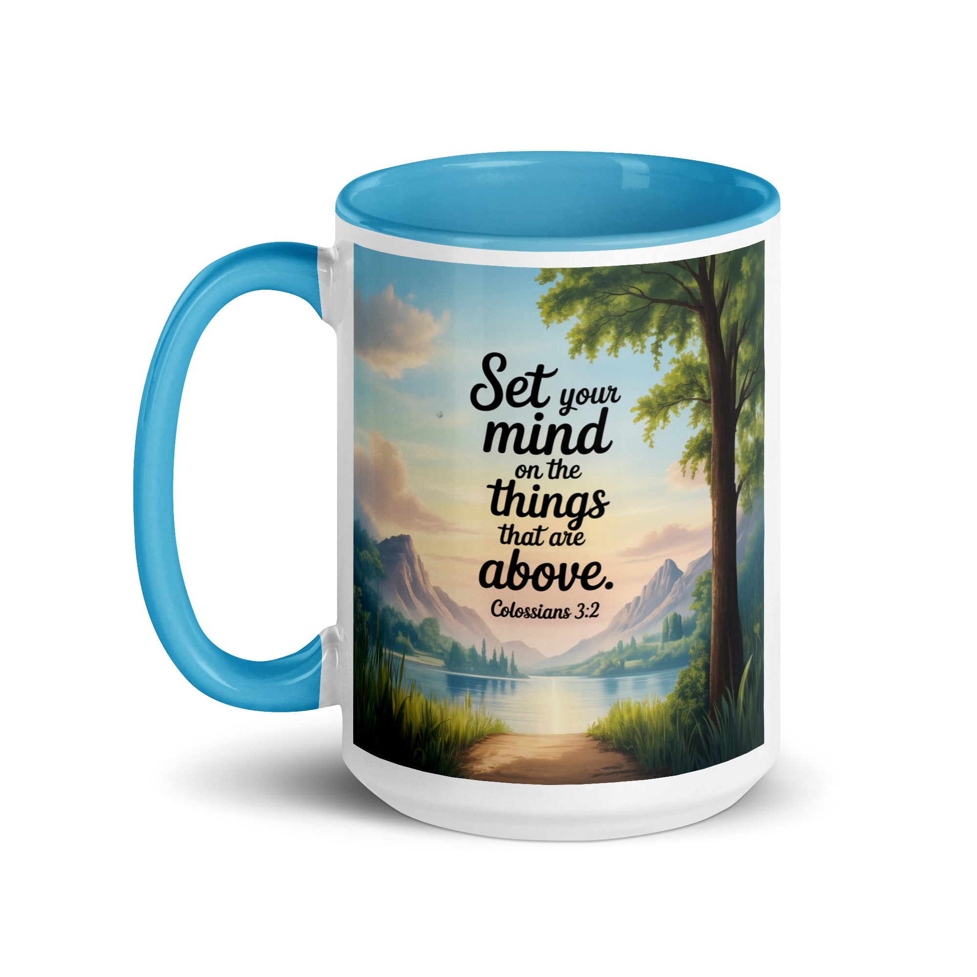Colossians 3:2 Bible Verse Set White Ceramic Mug with Color Inside