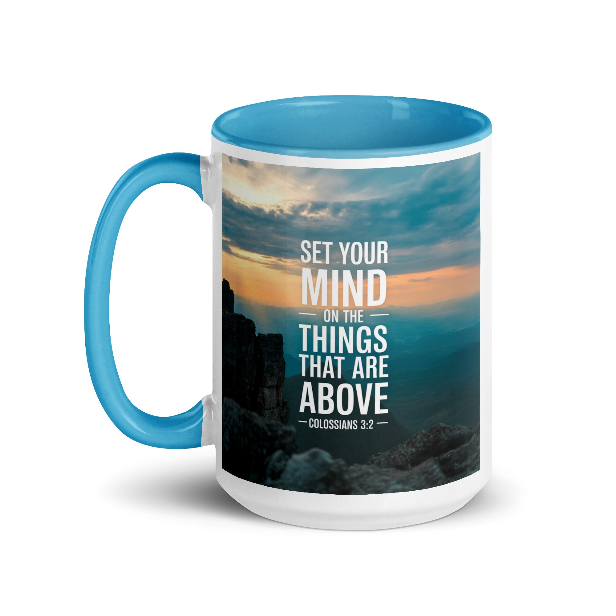 Colossians 3:2 Bible Verse on the White Ceramic Mug with Color Inside