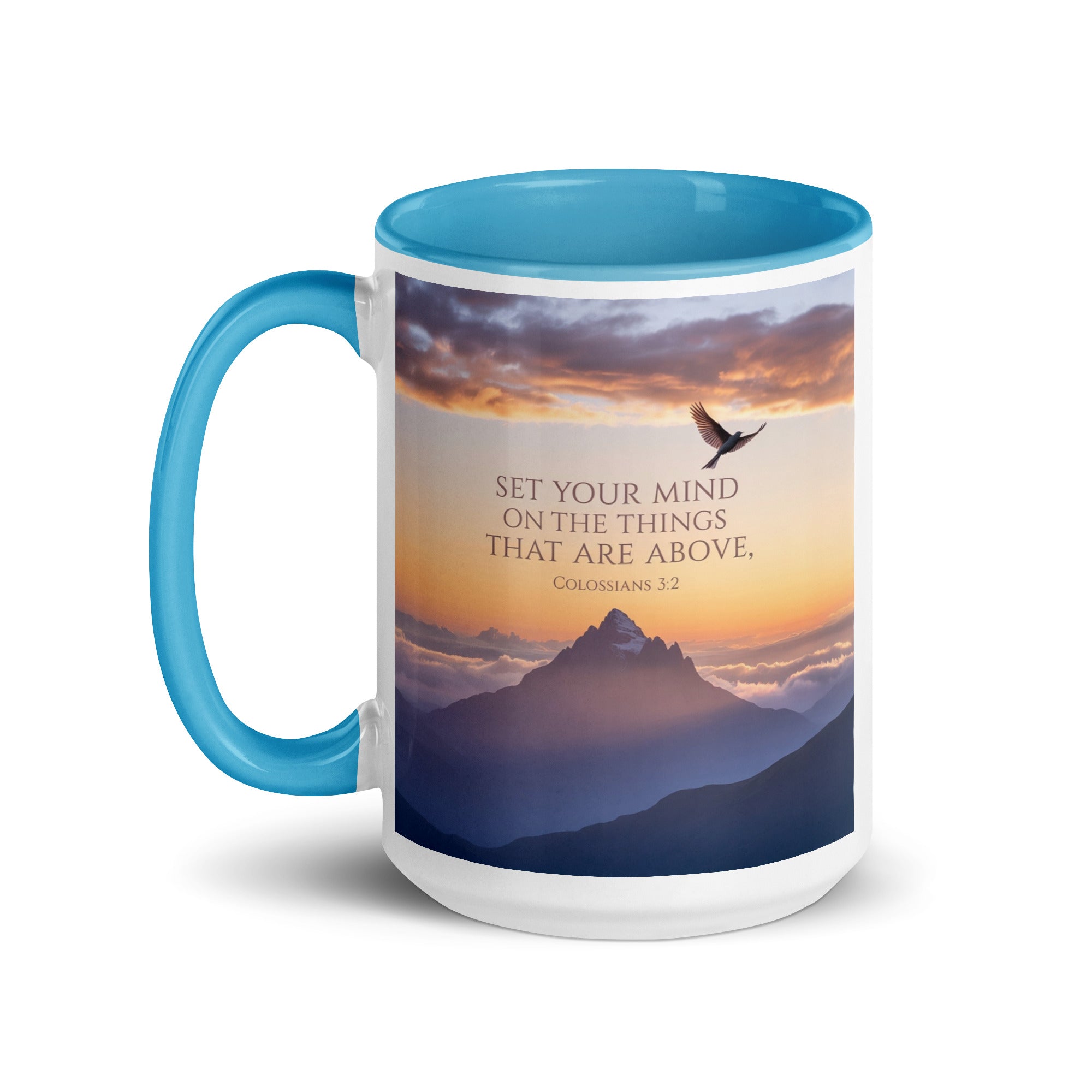 Colossians 3:2 Bible Verse are above White Ceramic Mug with Color Inside