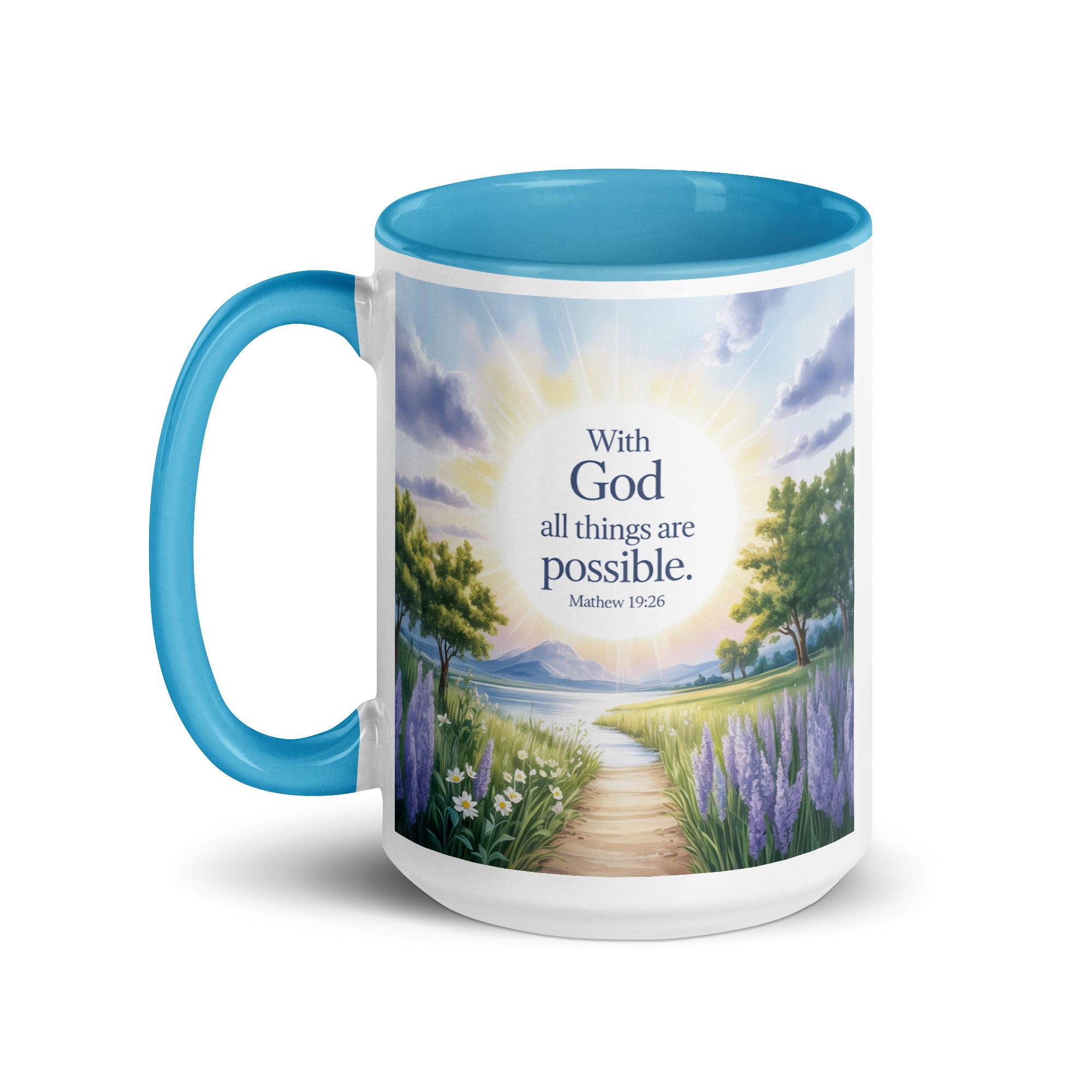 Matthew 19:26 Bible Verse Looking at White Ceramic Mug with Color Inside