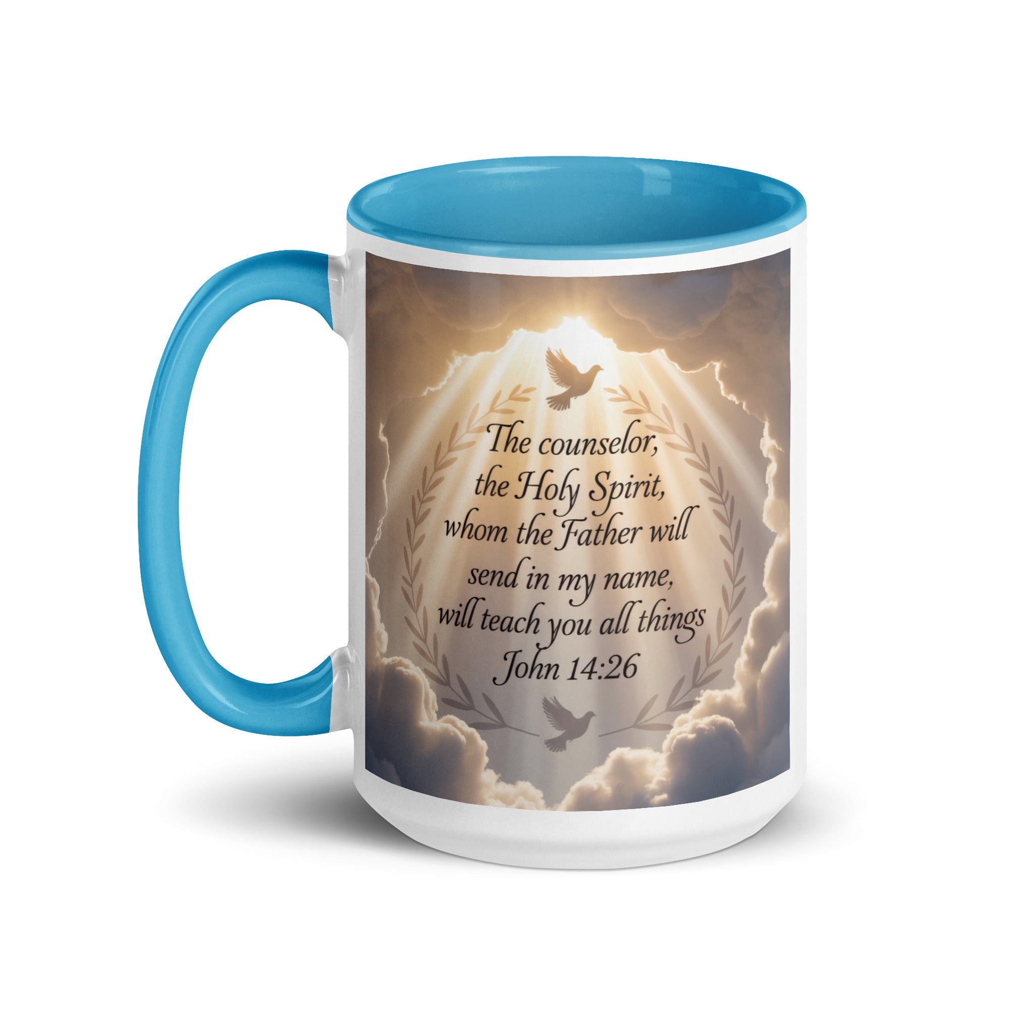John 14:26 Bible Verse Counselor White Ceramic Mug with Color Inside