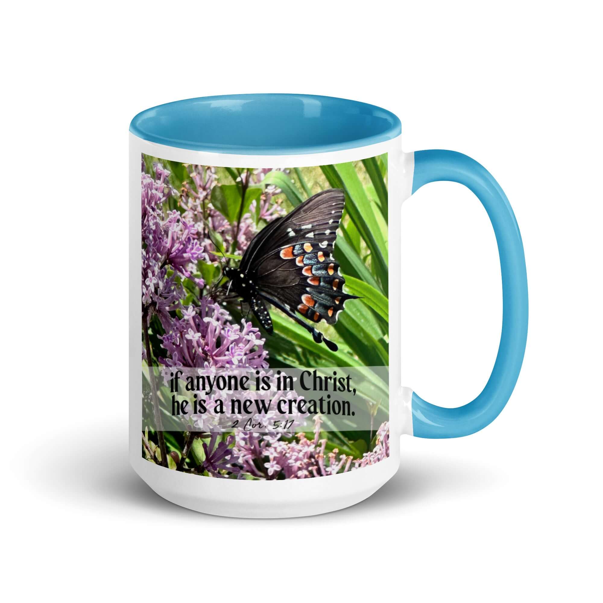 2 Corinthians 5:17 Bible Verse, Butterfly White Ceramic Mug with Color Inside Blue 15 oz