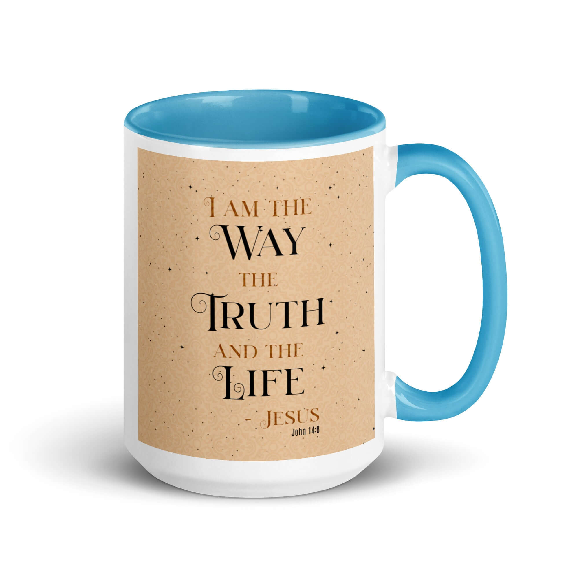 John 14:6 Bible Verse, Color Text Brown Background White Ceramic Mug with Color Inside Blue 15 oz