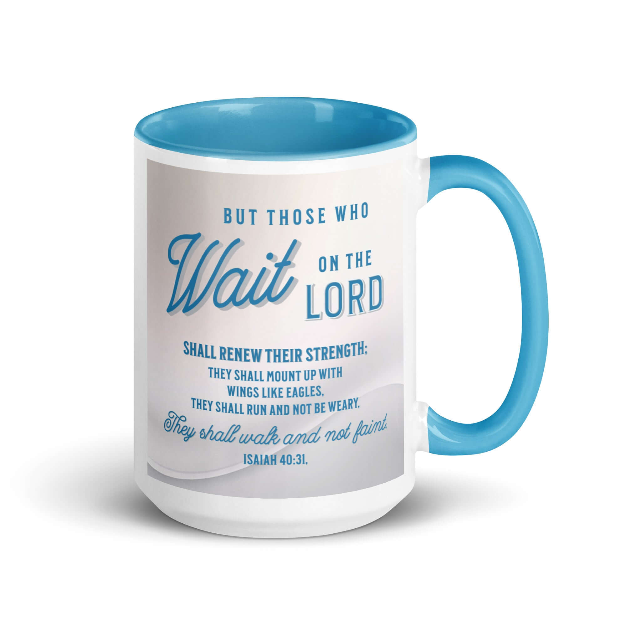 Isaiah 40:31 Bible Verse, Wings like Eagles White Ceramic Mug with Color Inside Blue 15 oz