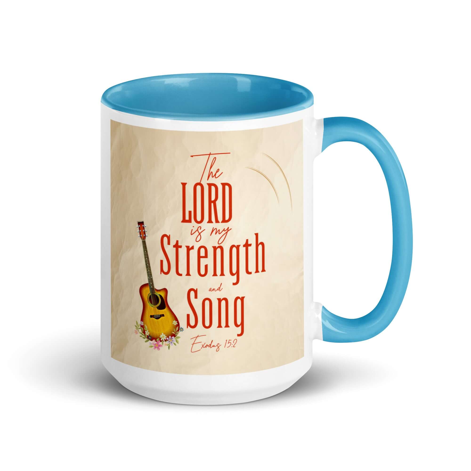 Exodus 15:2 Bible Verse, The LORD is my strength White Ceramic Mug with Color Inside Blue 15 oz