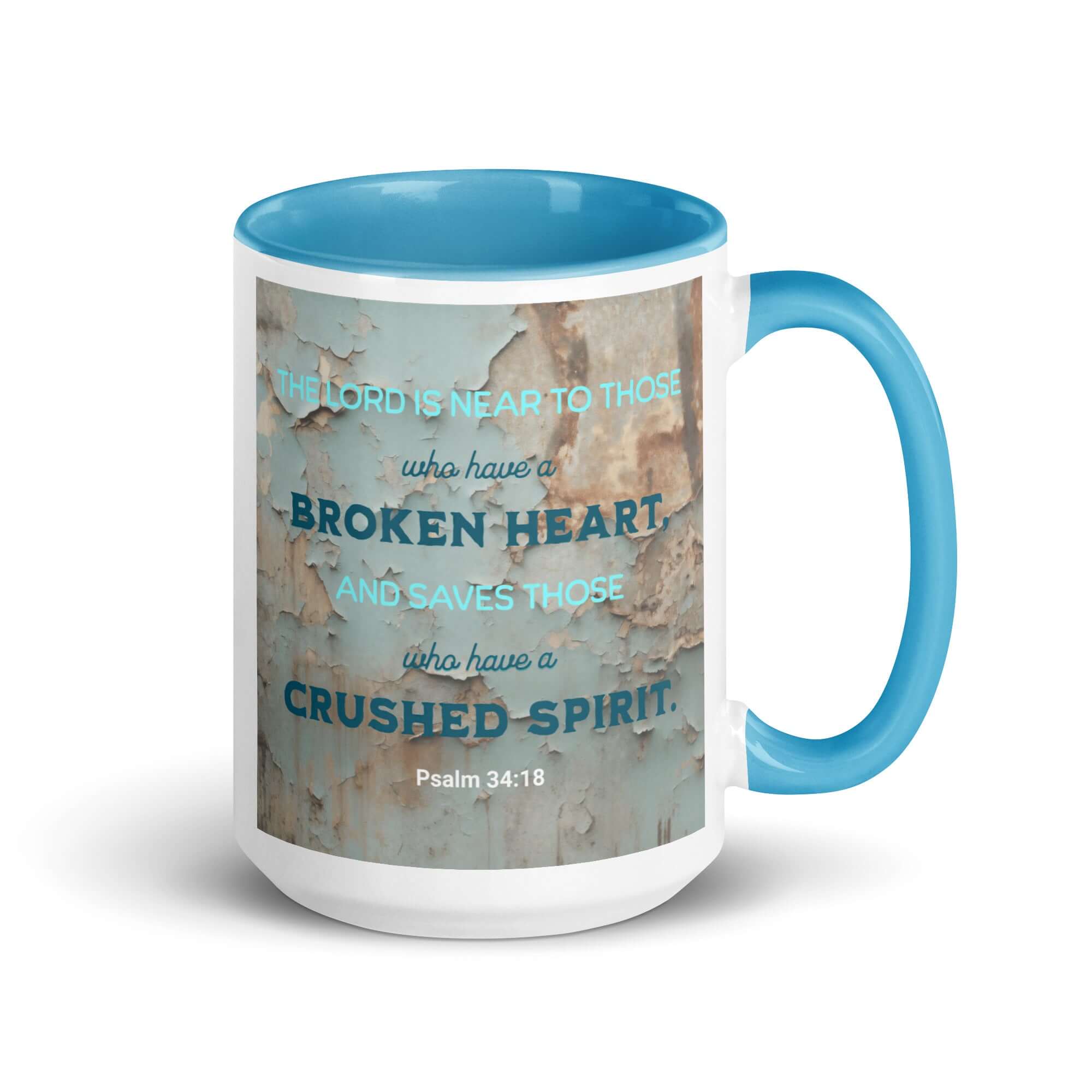 Psalm 34:18 Bible Verse, The LORD is Near White Ceramic Mug with Color Inside Blue 15 oz