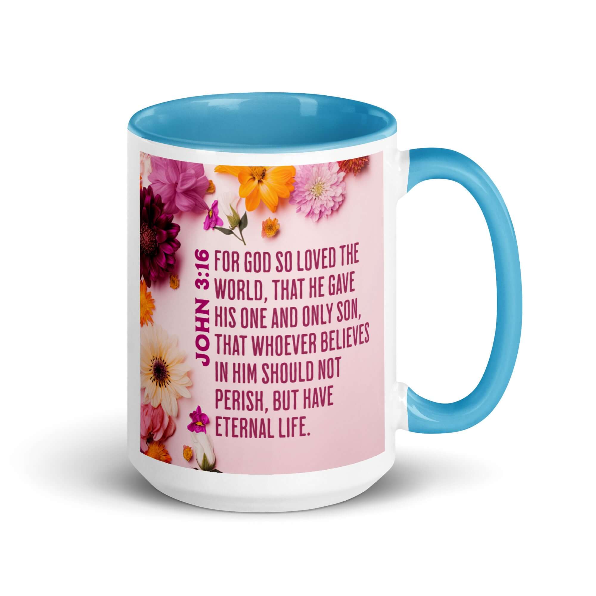 John 3:16 Bible Verse, For God So Loved White Ceramic Mug with Color Inside Blue 15 oz