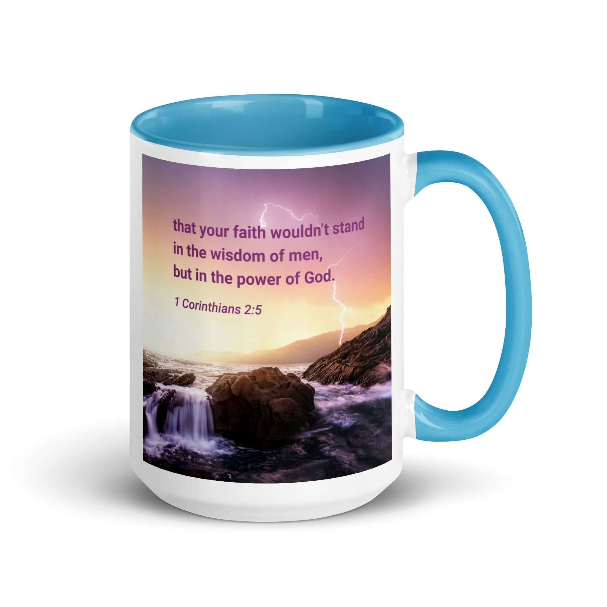 1 Corinthians 2:5 Bible Verse, power of God White Ceramic Mug with Color Inside Blue 15 oz