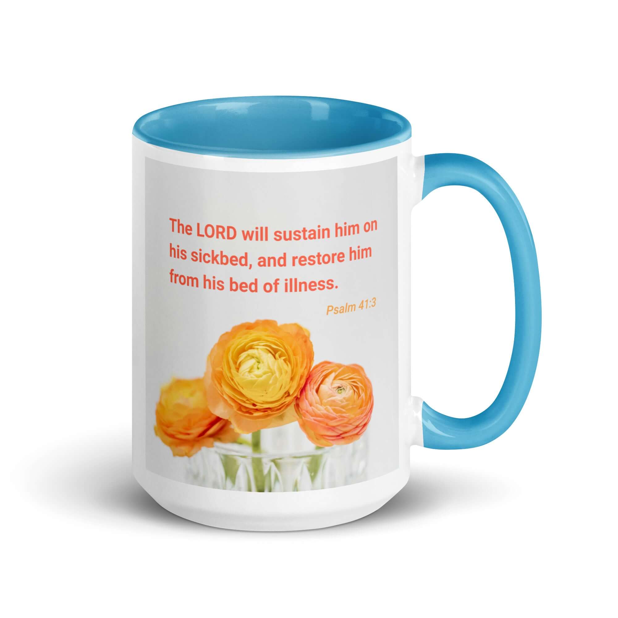 Psalm 41:3 Bible Verse, LORD will sustain White Ceramic Mug with Color Inside Blue 15 oz