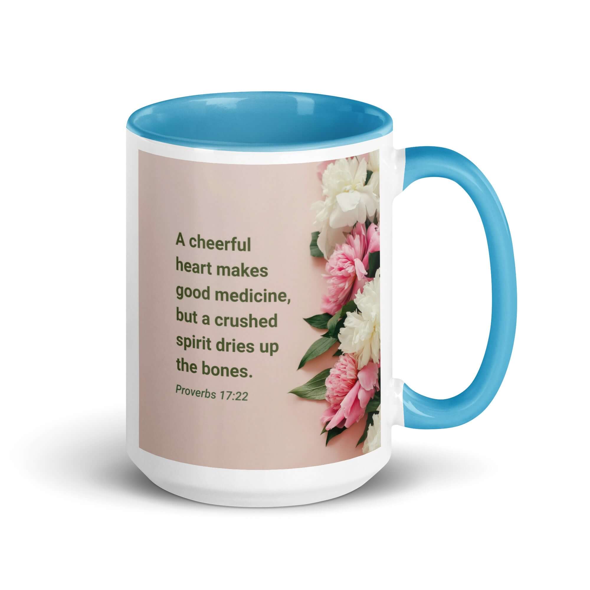 Proverbs 17:22 Bible Verse, good medicine White Ceramic Mug with Color Inside Blue 15 oz