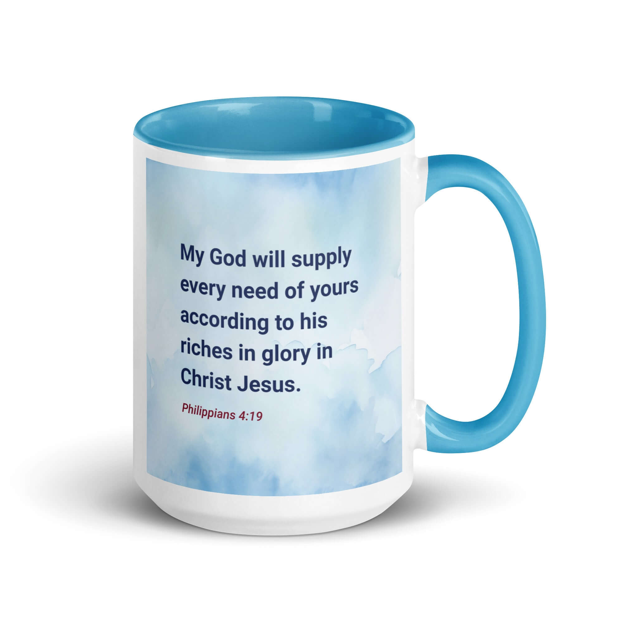 Philippians 4:19 Bible Verse, God will supply White Ceramic Mug with Color Inside Blue 15 oz