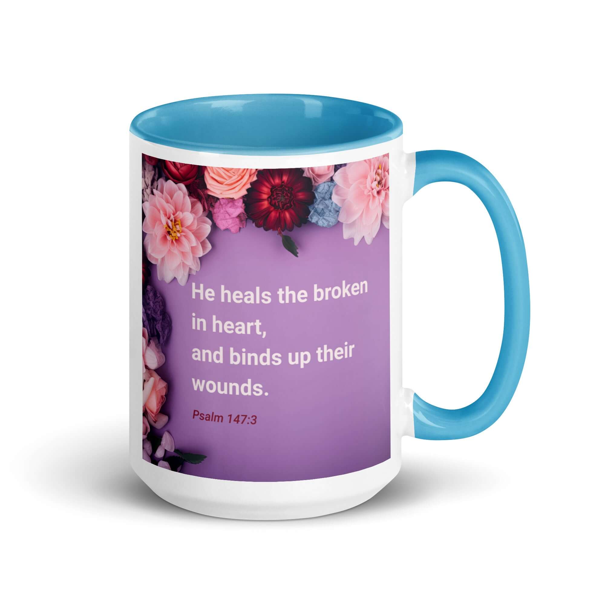 Psalm 147:3 Bible Verse, He heals the broken White Ceramic Mug with Color Inside Blue 15 oz