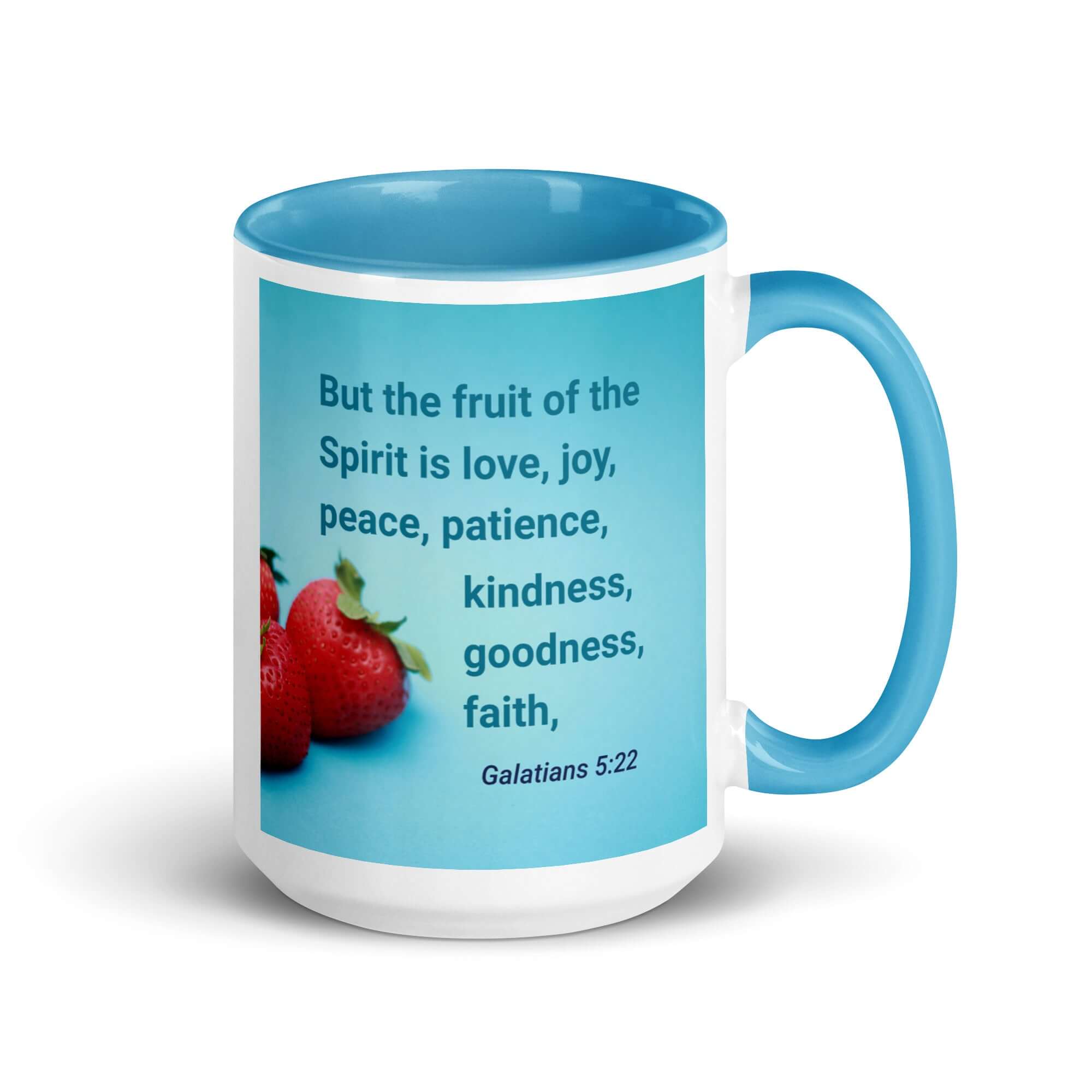 Galatians 5:22 Bible Verse, fruit of the Spirit White Ceramic Mug with Color Inside Blue 15 oz