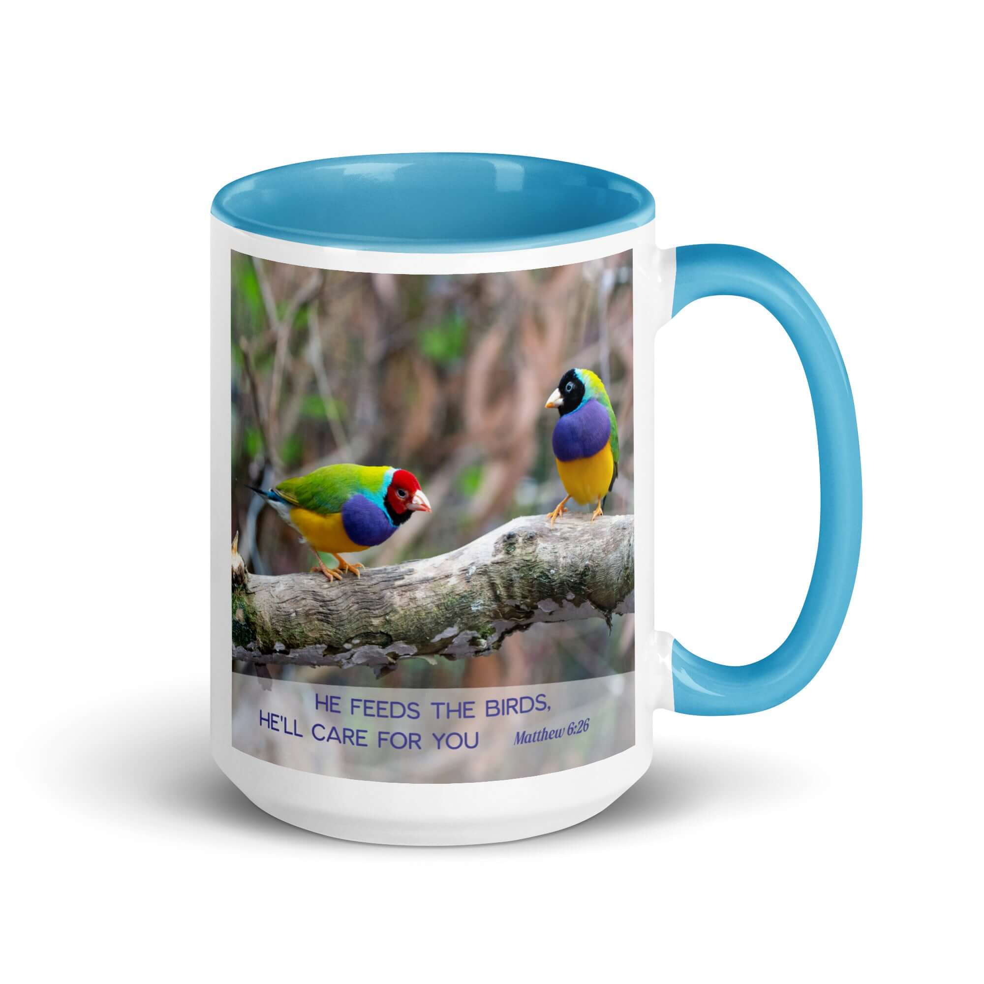 Matthew 6:26 Gouldian Finches, He'll Care for You White Ceramic Mug with Color Inside
