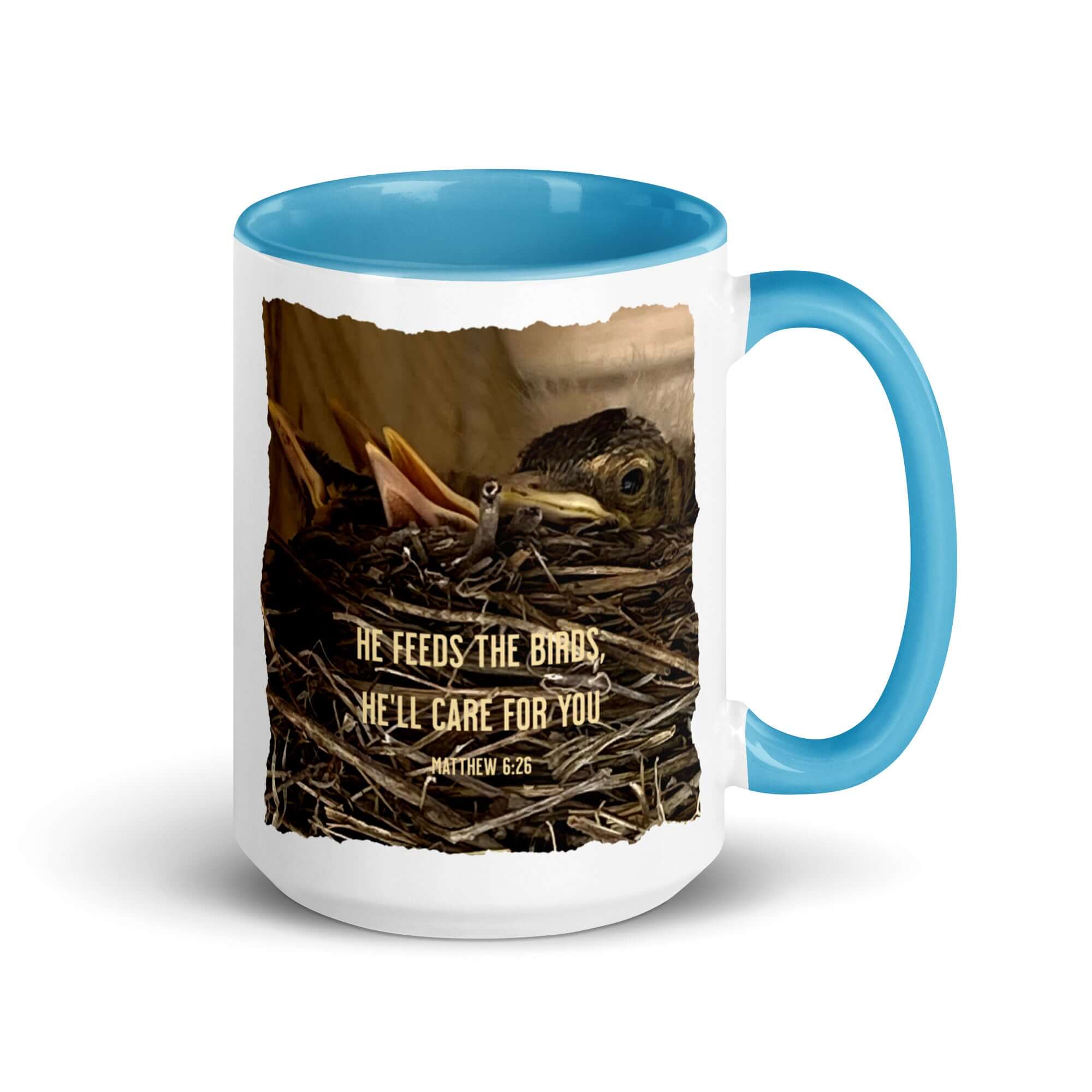 Matthew 6:26 Baby Robins, He'll Care for You White Ceramic Mug with Color Inside