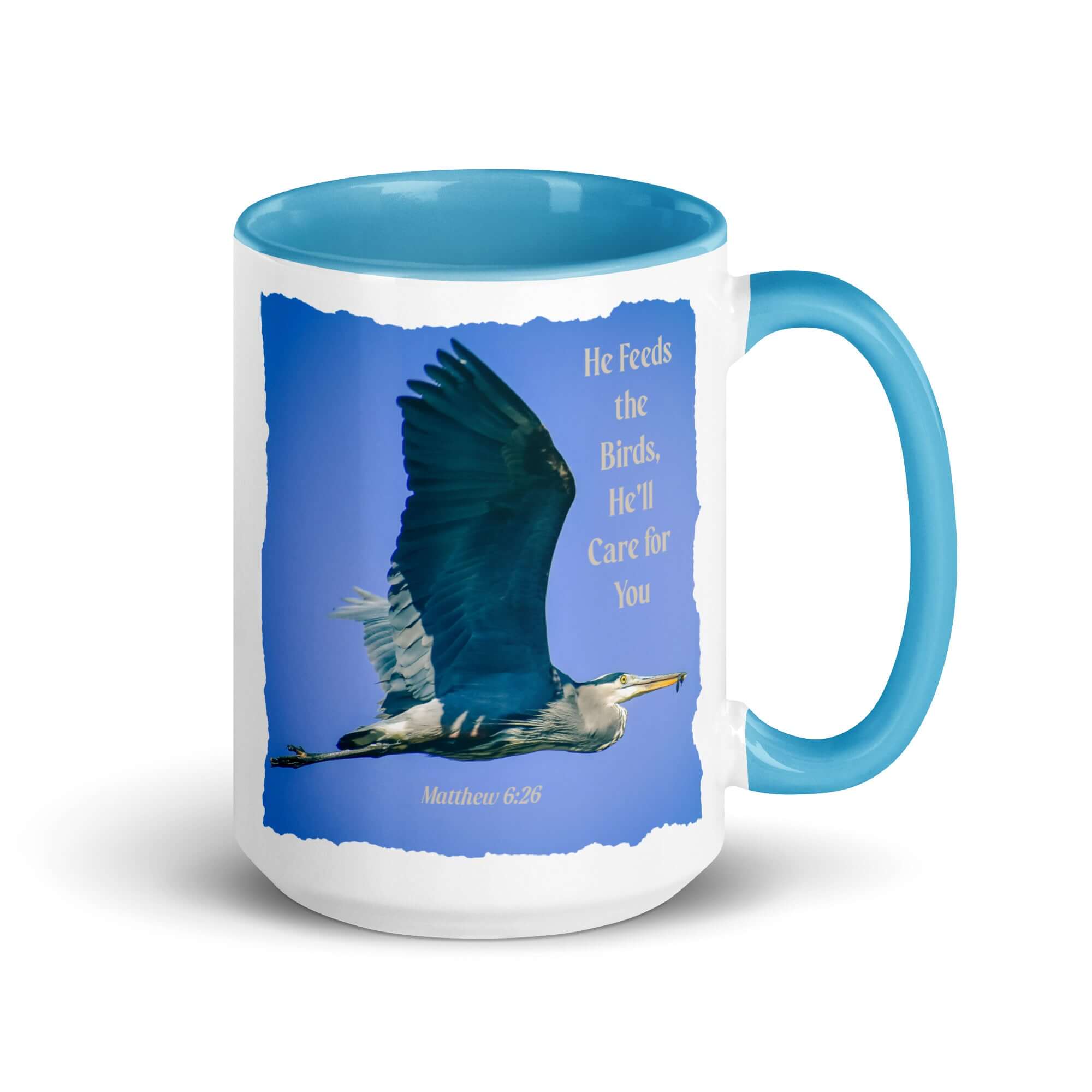 Matthew 6:26 Graceful Heron, He'll Care for You White Ceramic Mug with Color Inside