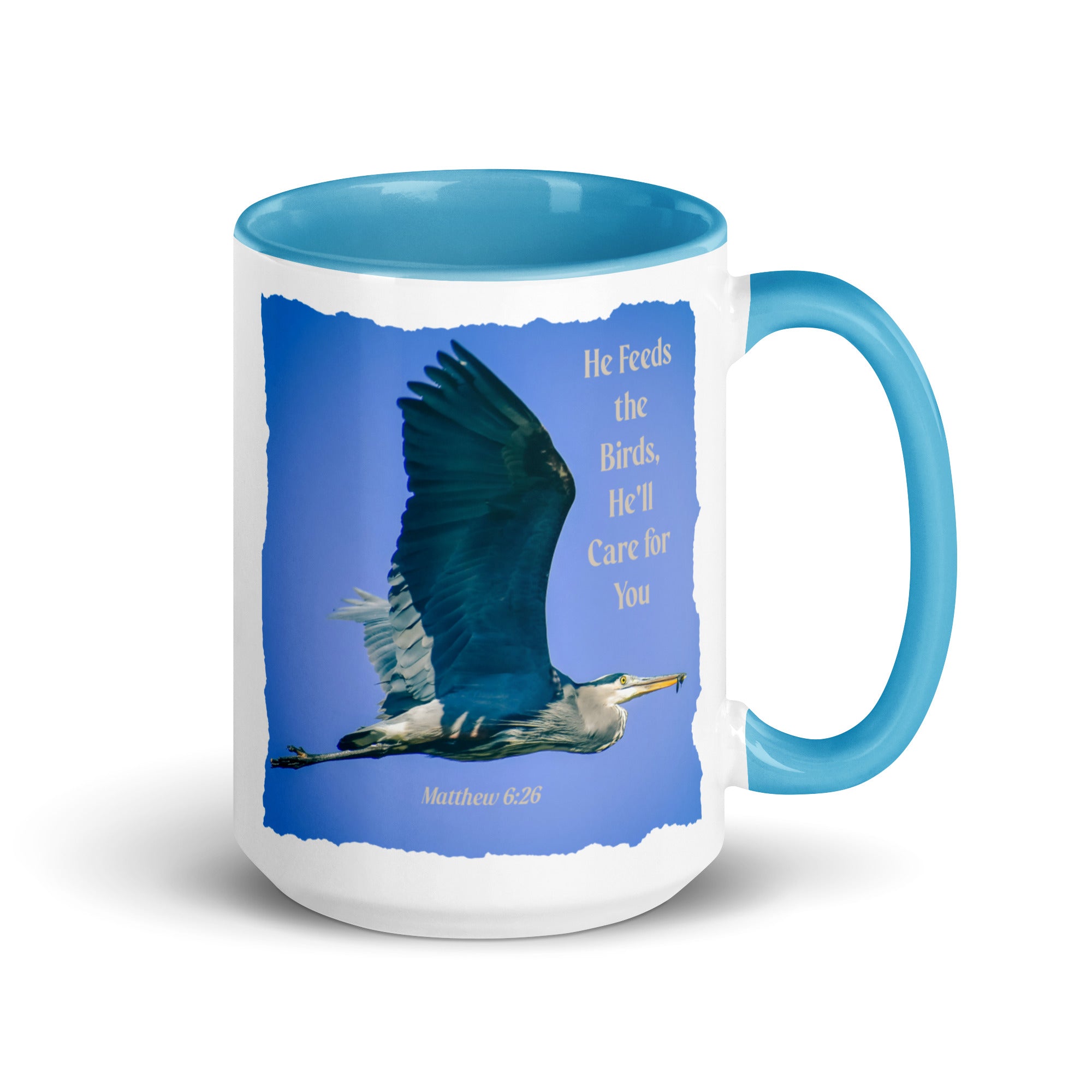 Matthew 6:26 Graceful Heron, He'll Care for You White Ceramic Mug with Color Inside Blue 15 oz