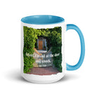 Revelation 3:20 Bible Verse, Garden Doorway White Ceramic Mug with Color Inside Blue 15 oz