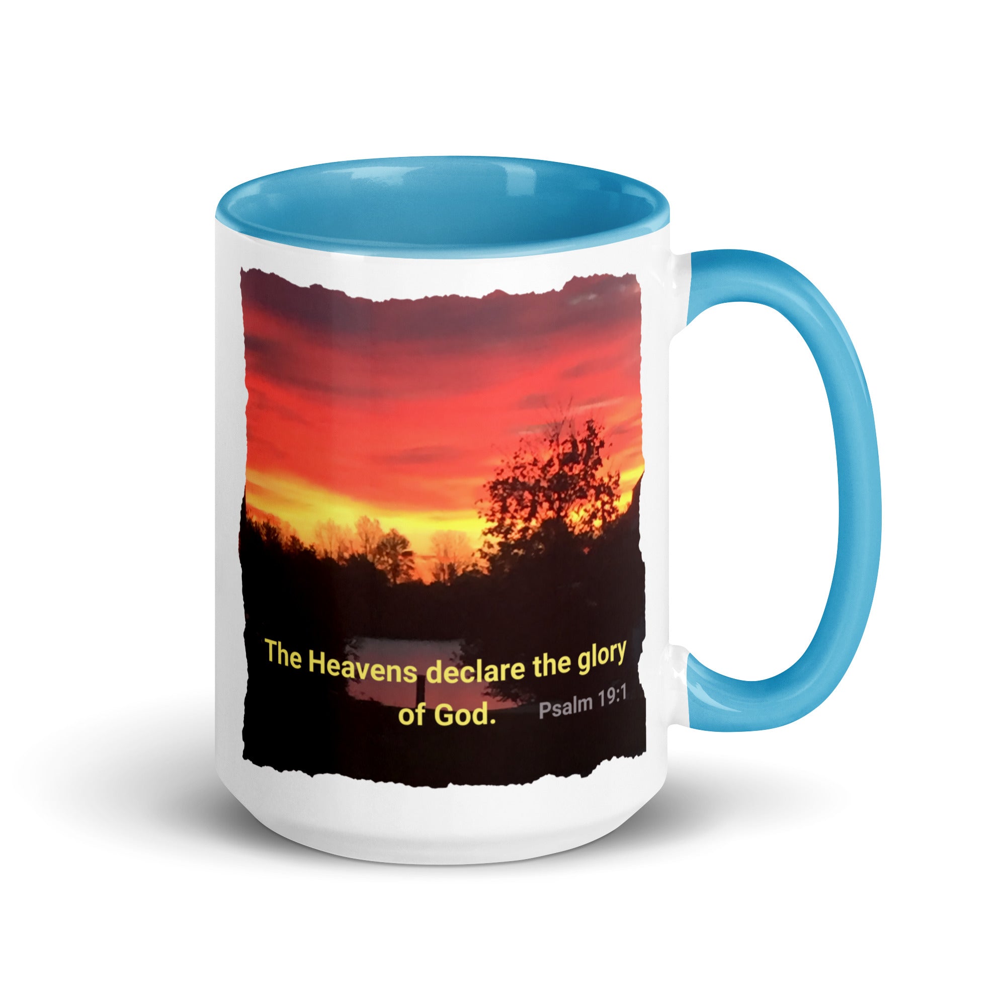 Psalm 19:1 Bible Verse, Sunset Glory White Ceramic Mug with Color Inside Blue 15 oz