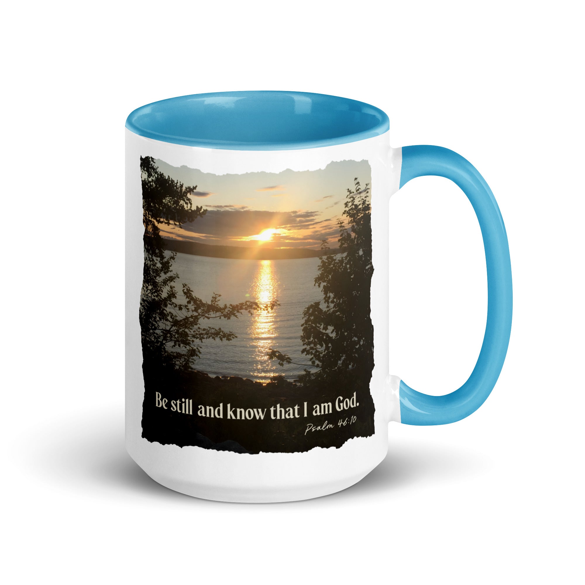 Psalm 46:10 Bible Verse, Sunset Glory White Ceramic Mug with Color Inside Blue 15 oz