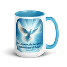John 14:26 Bible Verse, Holy Spirit Dove White Ceramic Mug with Color Inside Blue 15 oz