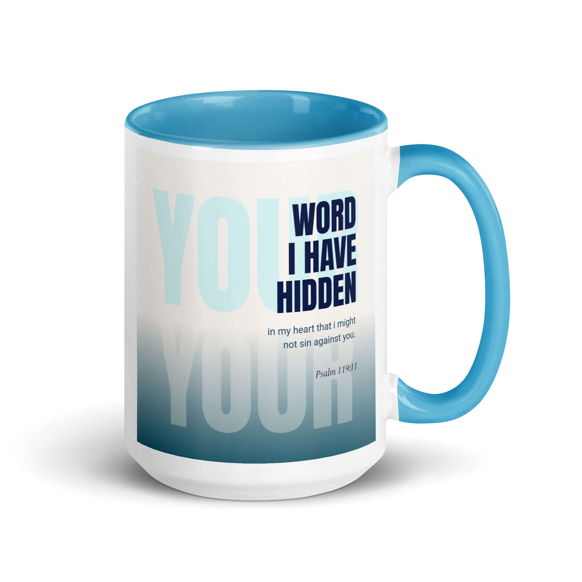Psalm 119:11 Bible Verse, hidden your word White Ceramic Mug with Color Inside Blue 15 oz