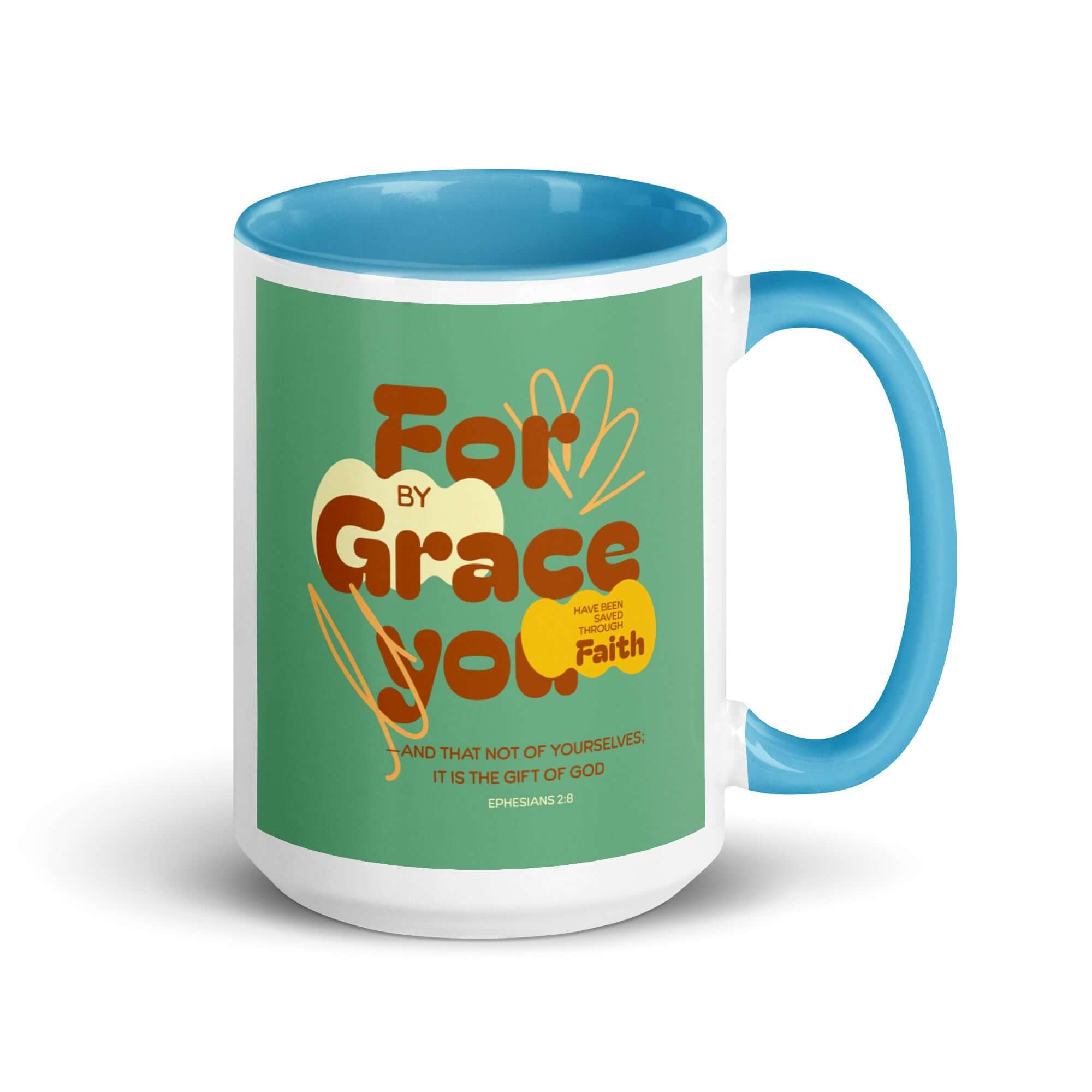 Ephesians 2:8 Bible Verse, for by grace White Ceramic Mug with Color Inside Blue 15 oz