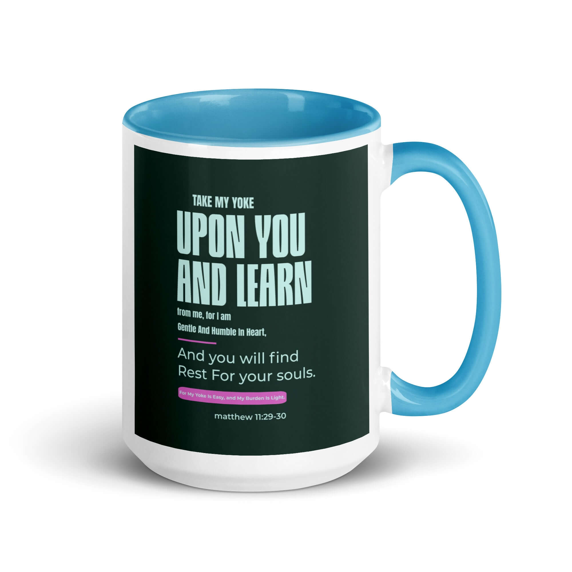 Matthew 11:29-30 Bible Verse, I am gentle White Ceramic Mug with Color Inside Blue 15 oz