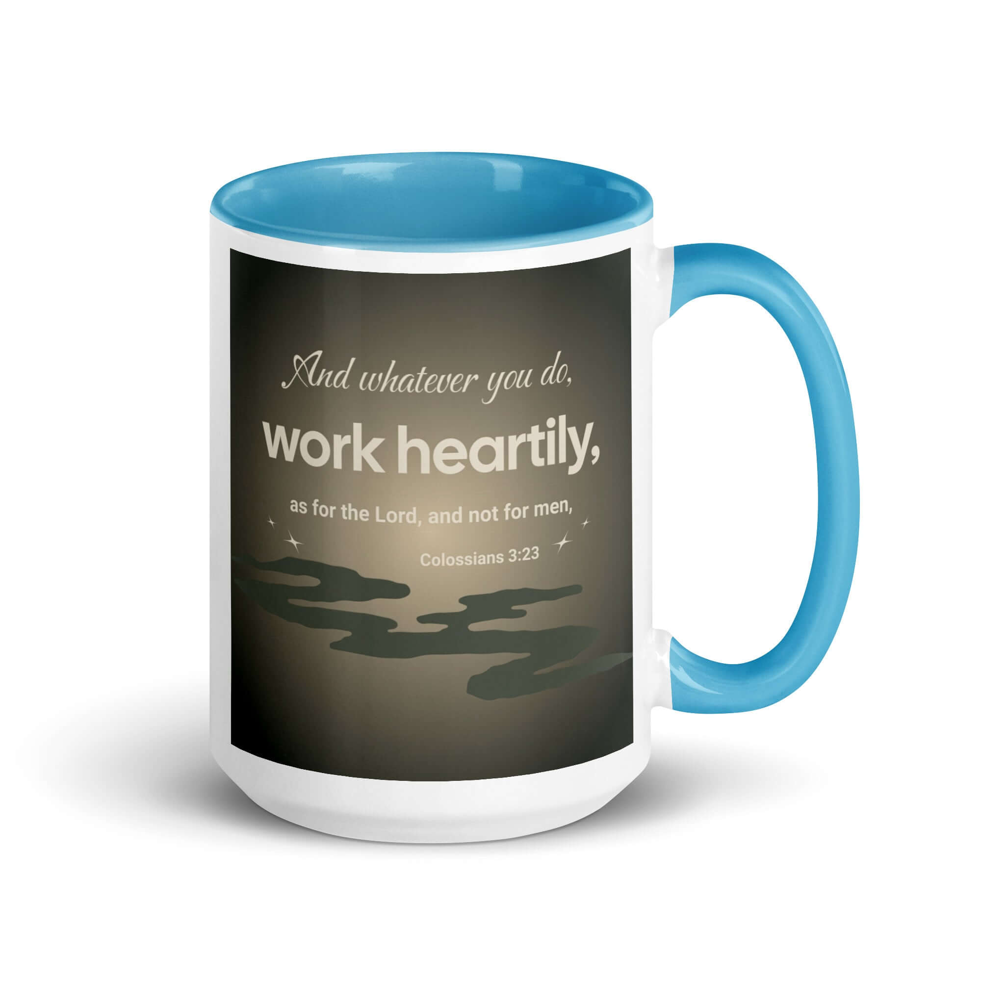 Colossians 3:23 Bible Verse, as for the Lord White Ceramic Mug with Color Inside Blue 15 oz