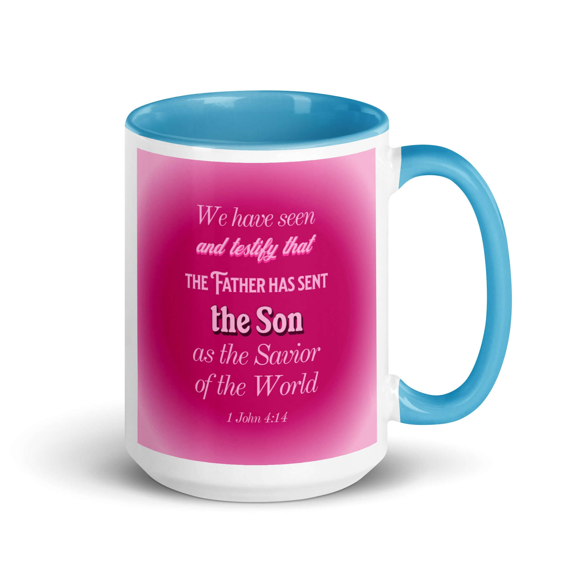 1 John 4:14 Bible Verse, that the Father White Ceramic Mug with Color Inside Blue 15 oz