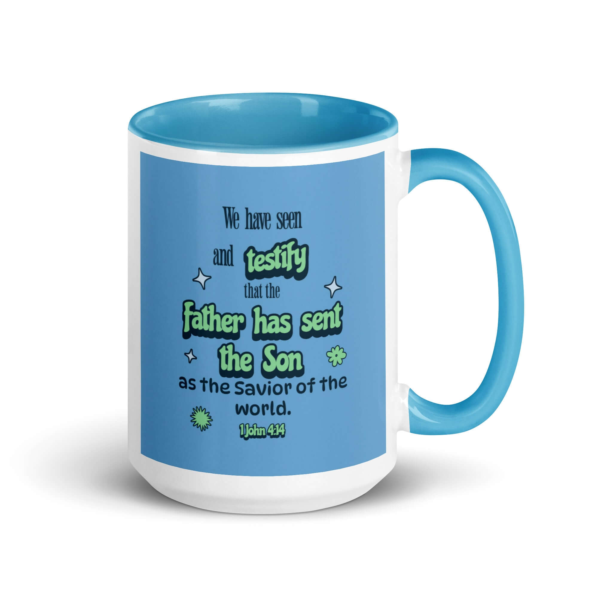1 John 4:14 Bible Verse, sent the Son White Ceramic Mug with Color Inside Blue 15 oz