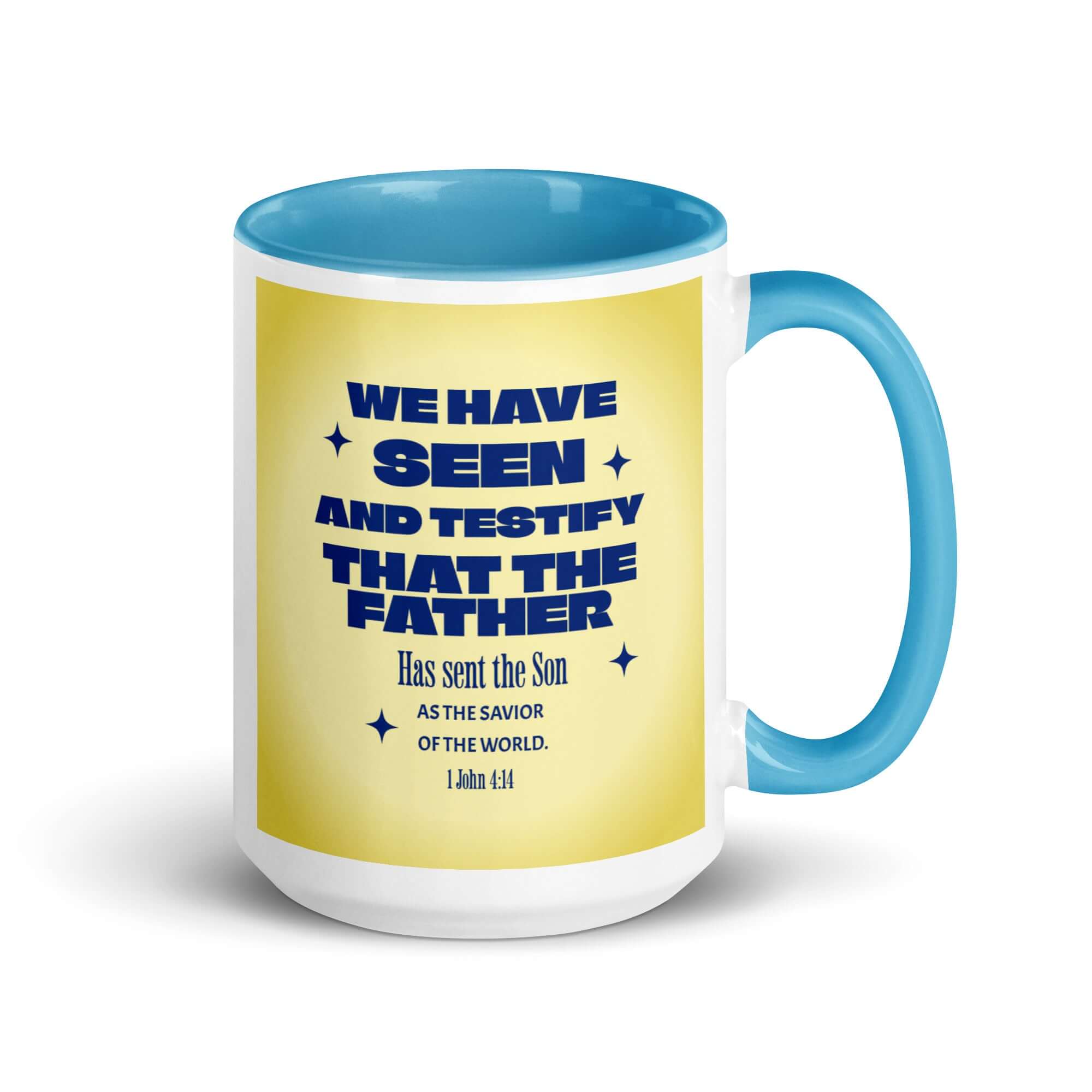1 John 4:14 Bible Verse, Savior of the world White Ceramic Mug with Color Inside Blue 15 oz