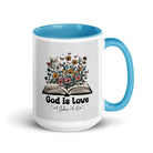 1 John 4:8 Bible Verse, God is Love White Ceramic Mug with Color Inside Blue 15 oz