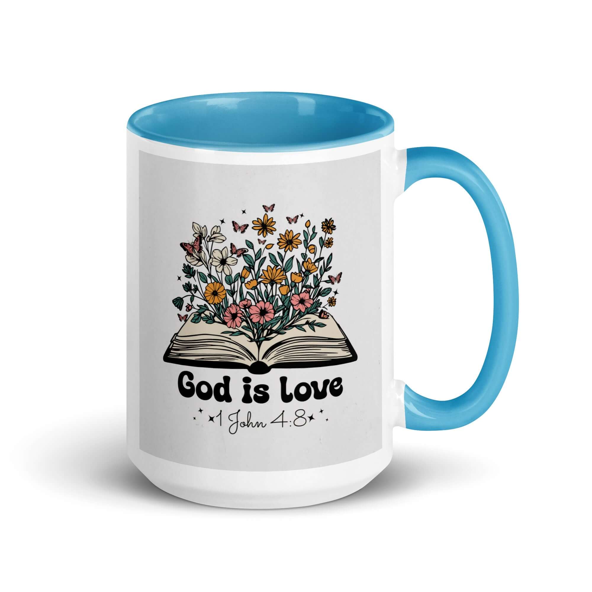 1 John 4:8 Bible Verse, God is Love White Ceramic Mug with Color Inside Blue 15 oz