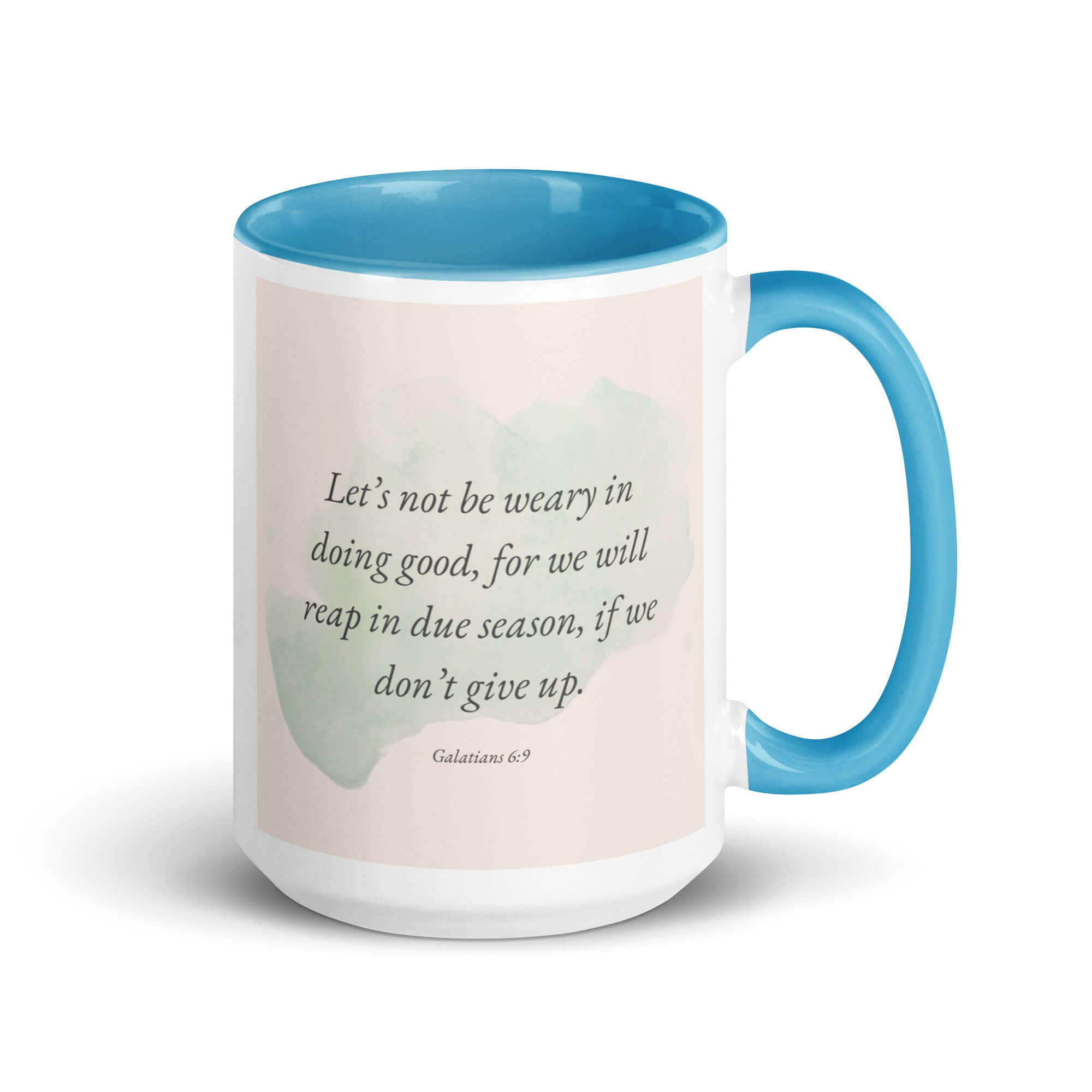 Galatians 6:9 Bible Verse, not be weary White Ceramic Mug with Color Inside Blue 15 oz