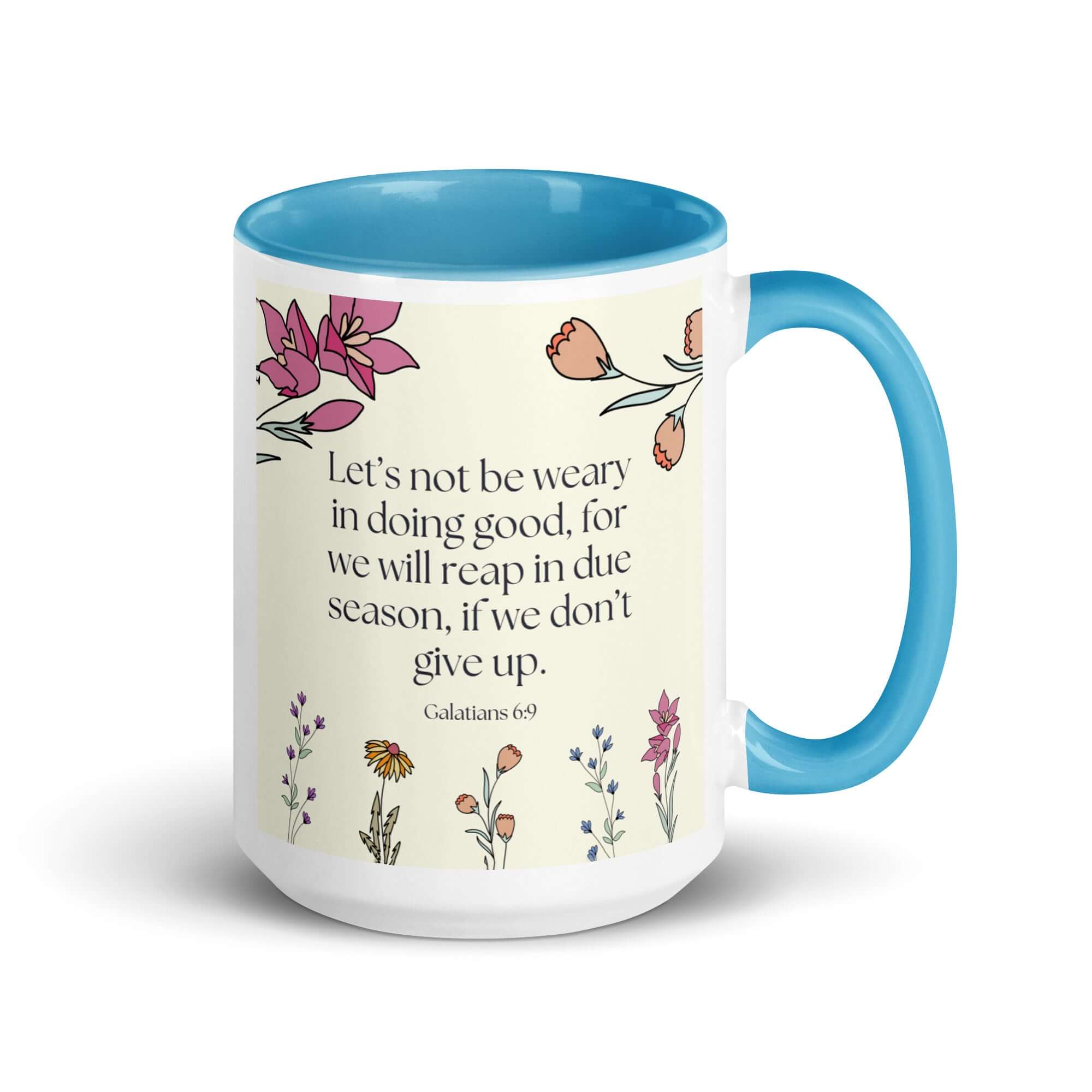 Galatians 6:9 Bible Verse, in doing good White Ceramic Mug with Color Inside Blue 15 oz