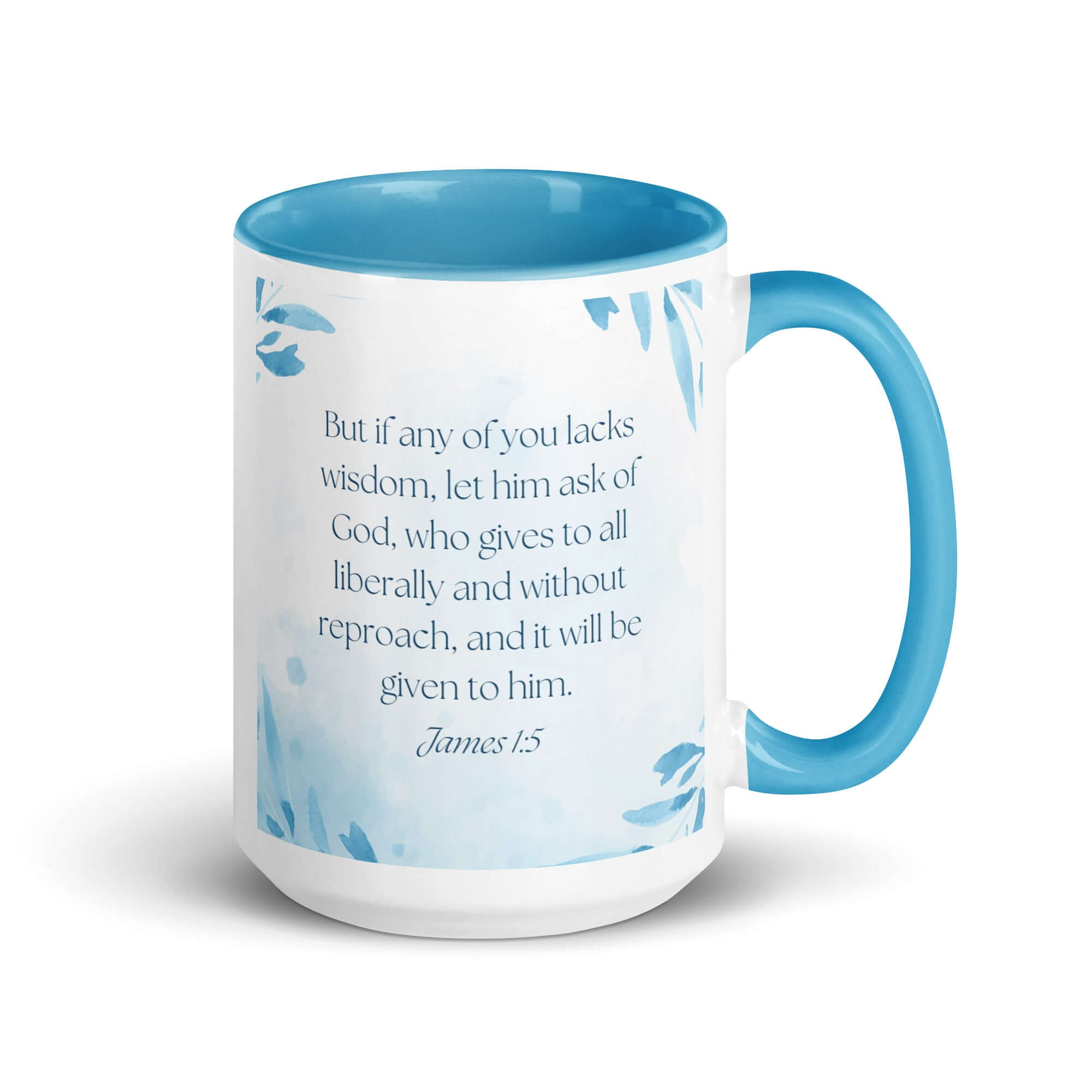 James 1:5 Bible Verse, lacks wisdom White Ceramic Mug with Color Inside Blue 15 oz