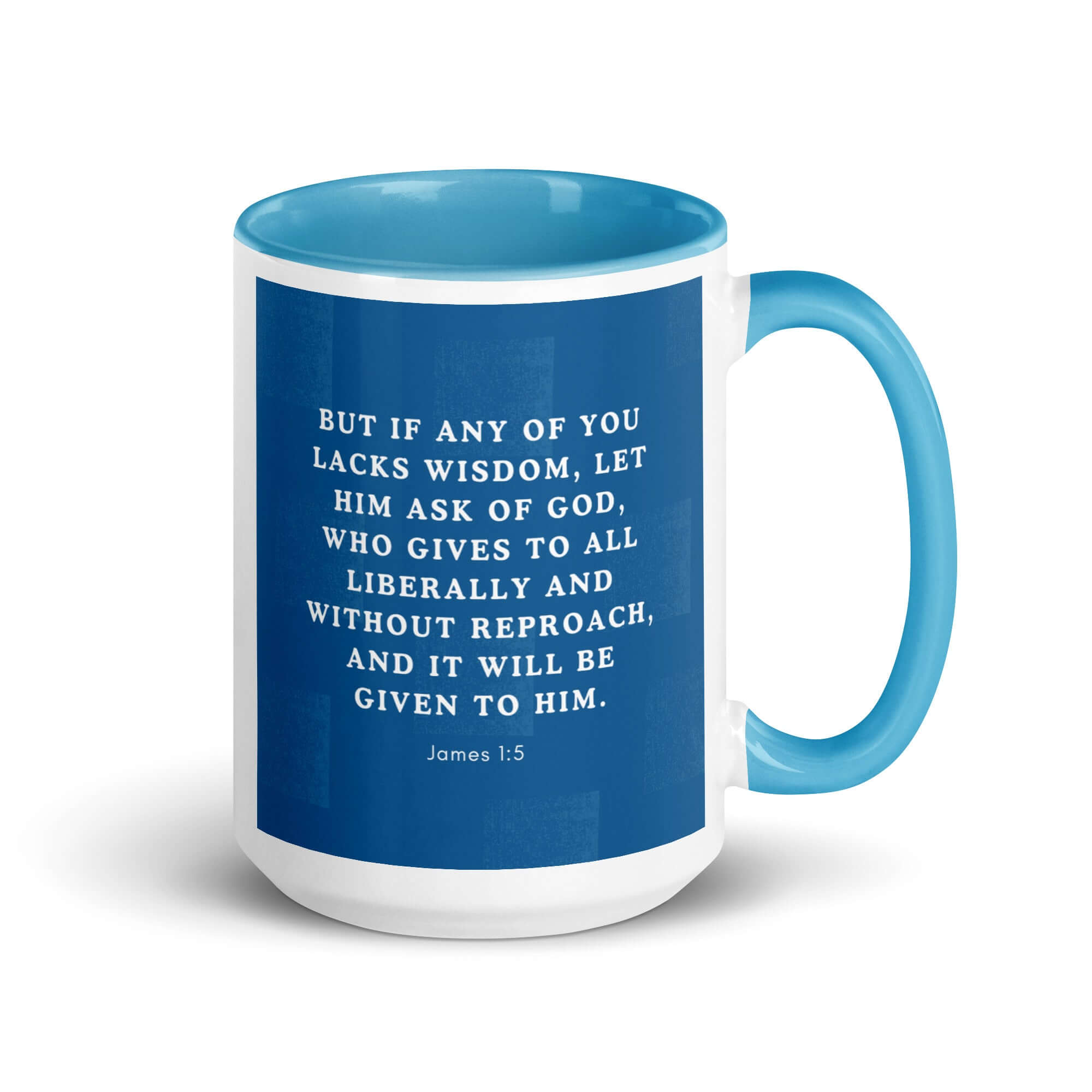 James 1:5 Bible Verse, gives to all White Ceramic Mug with Color Inside Blue 15 oz