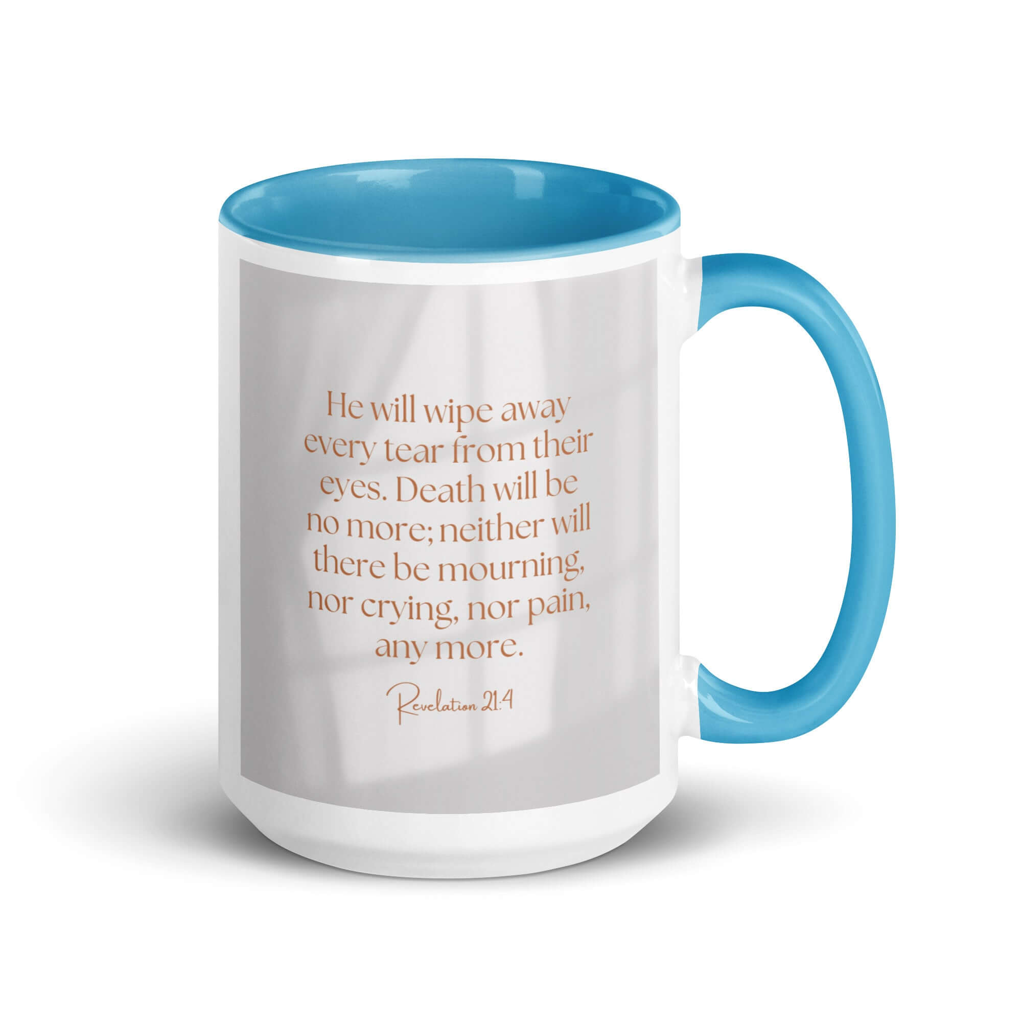 Revelation 21:4 Bible Verse, He will wipe White Ceramic Mug with Color Inside Blue 15 oz
