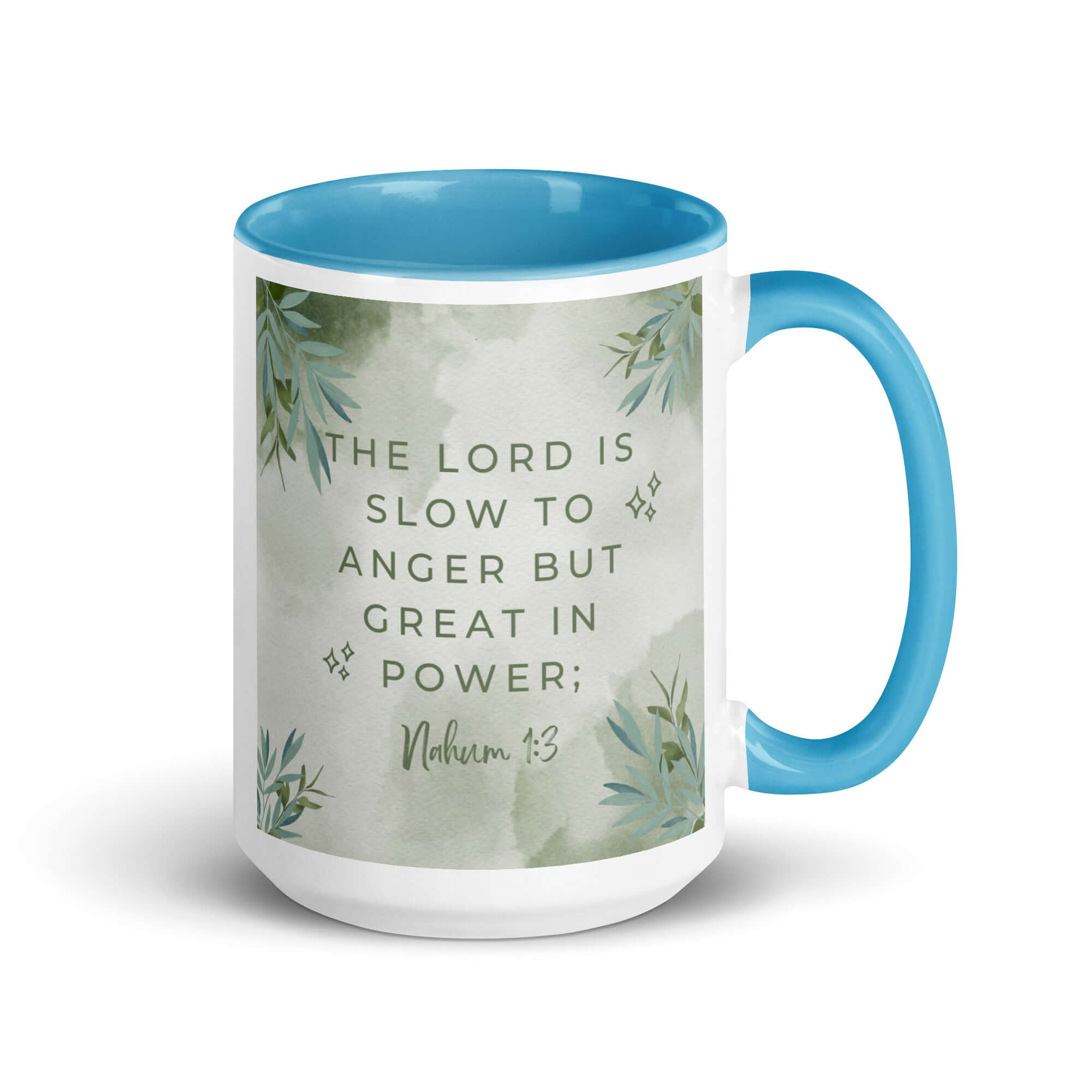 Nahum 1:3 Bible Verse, The Lord is slow White Ceramic Mug with Color Inside Blue 15 oz